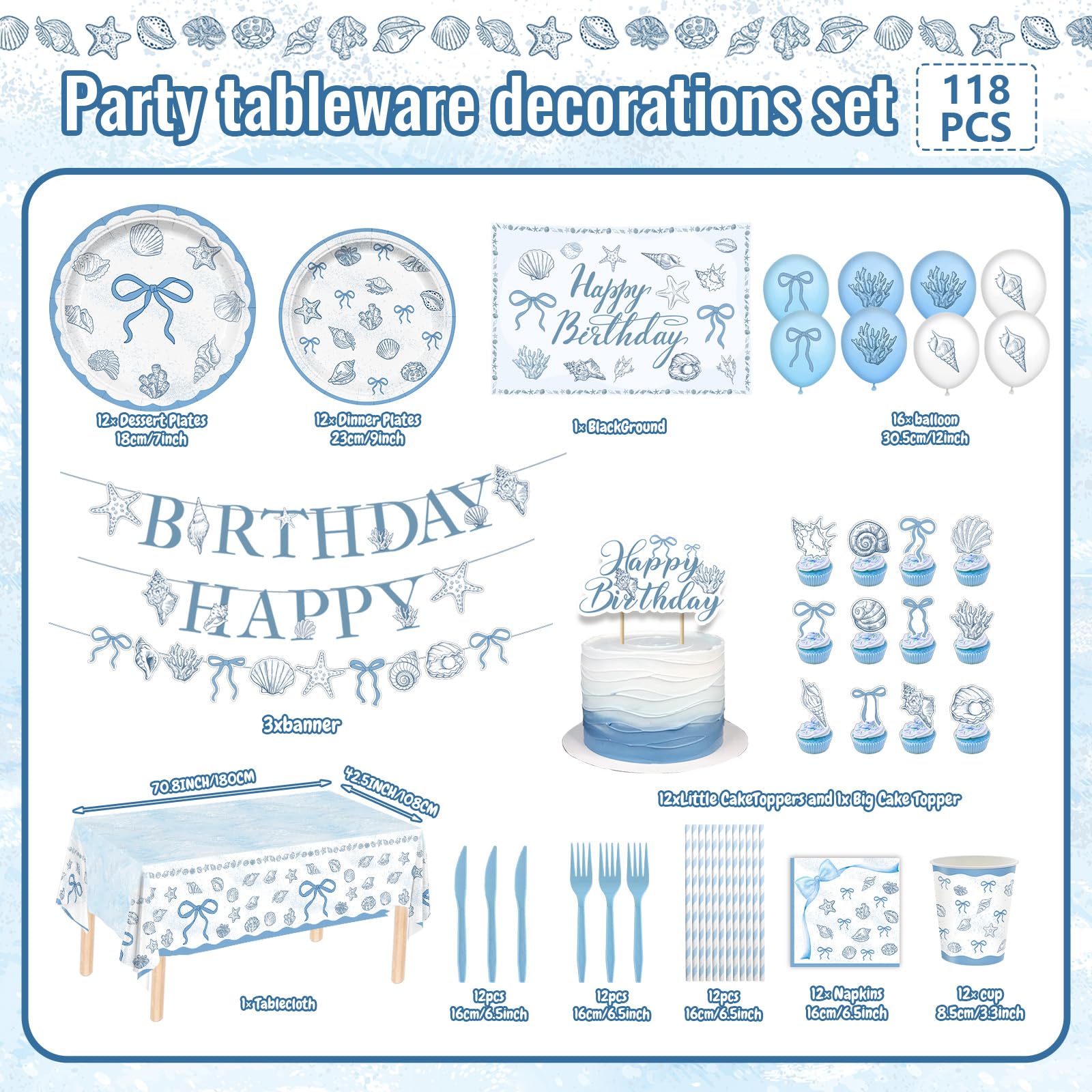 Coastal seashell tableware set with plates napkins cups and utensils