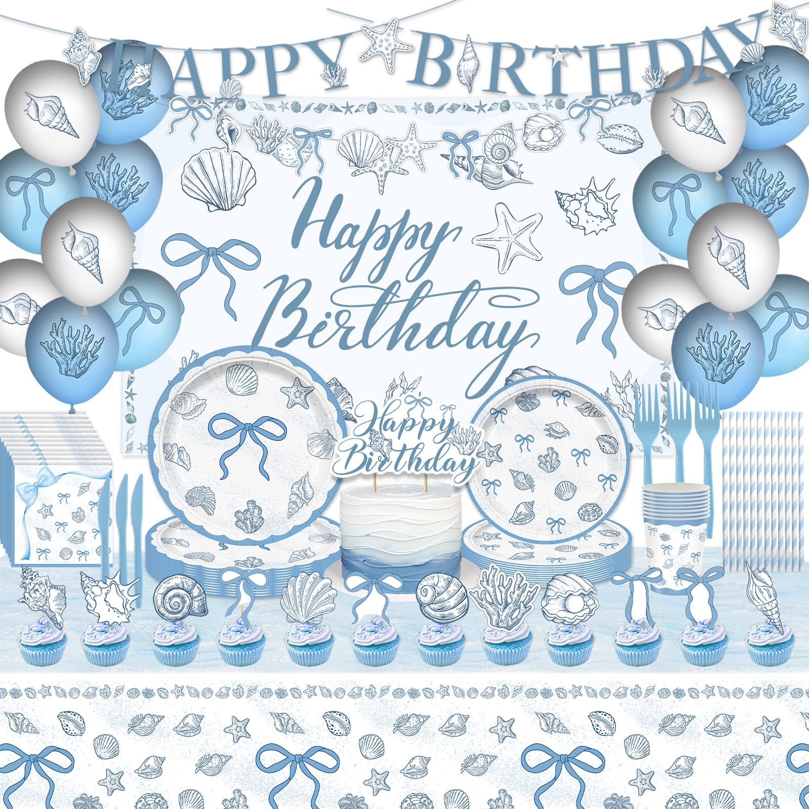 Seashell birthday party decorations kit with backdrop and balloons