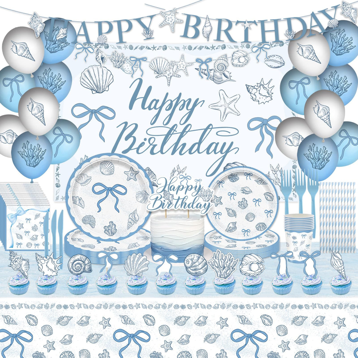 Seashell birthday party decorations kit with backdrop and balloons
