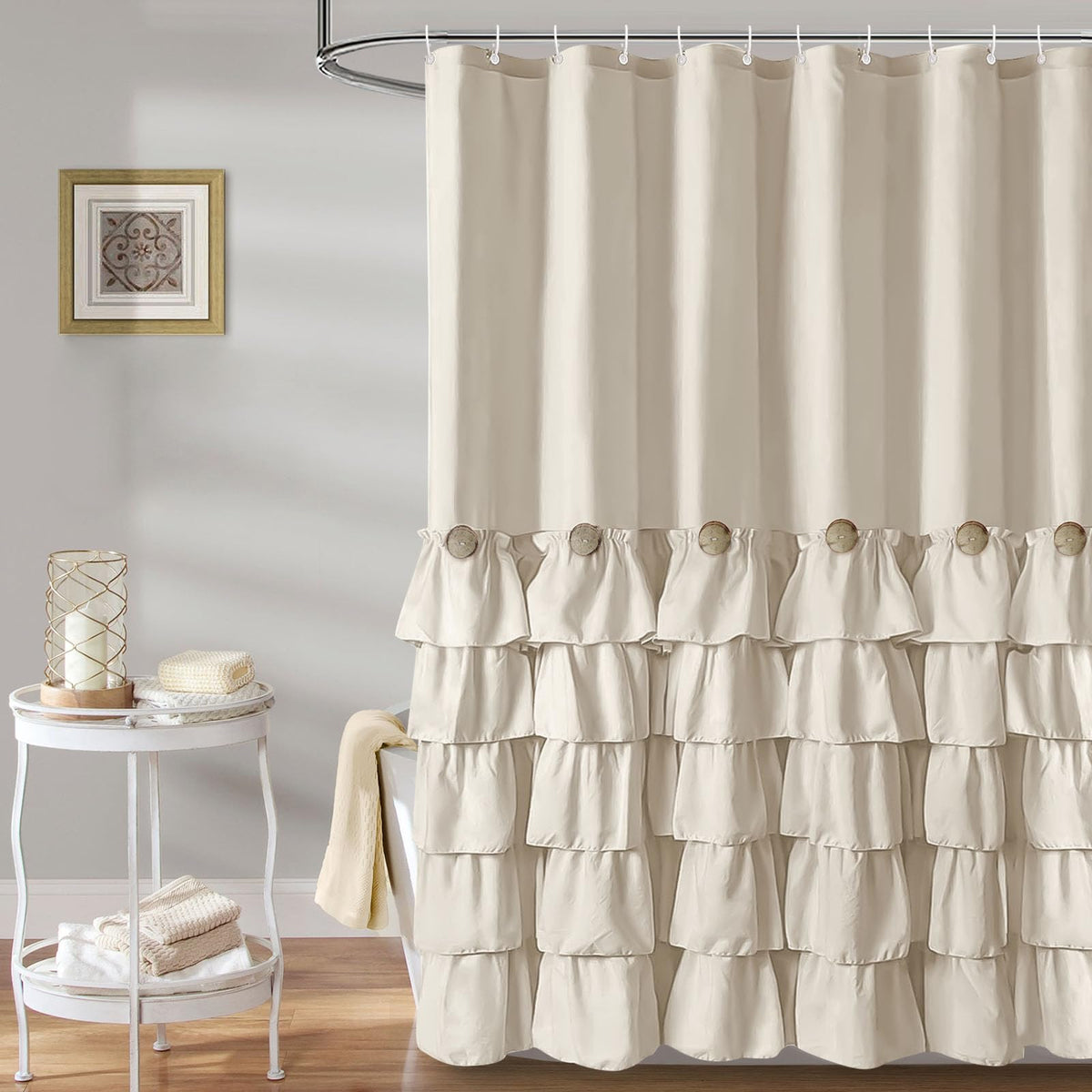 Seasonwood beige ruffle shower curtain 72x72 inches
