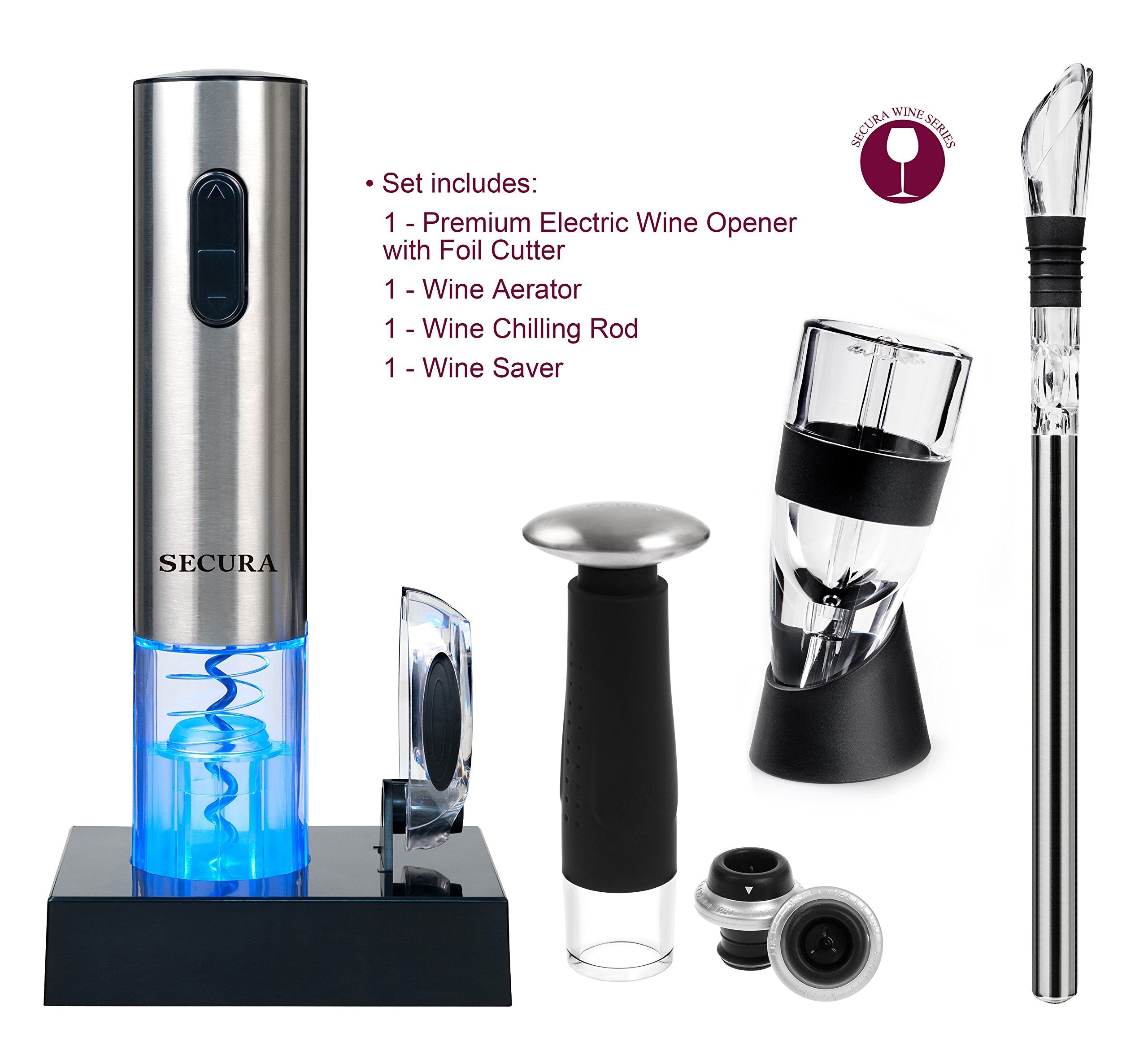 Cordless automatic wine opener with charging base in the Secura set
