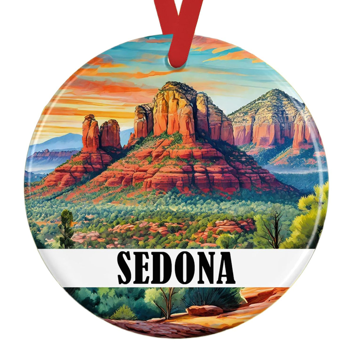 Sedona ceramic Christmas ornament with red rock landscape