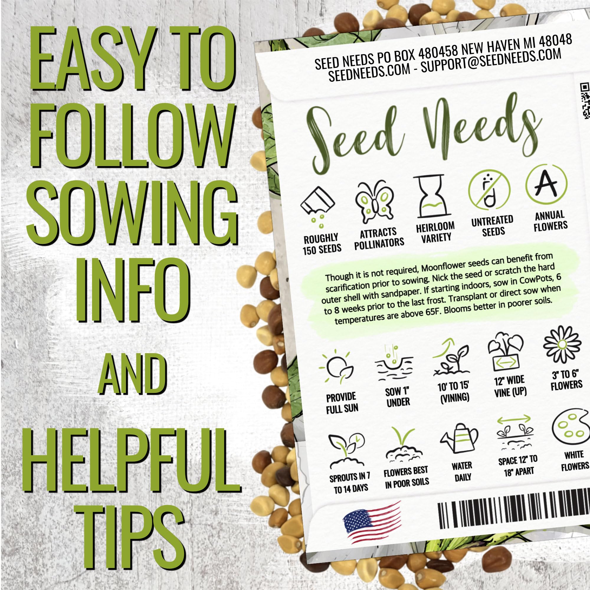 Seed Needs seed pouch art and sowing information for Moonflower