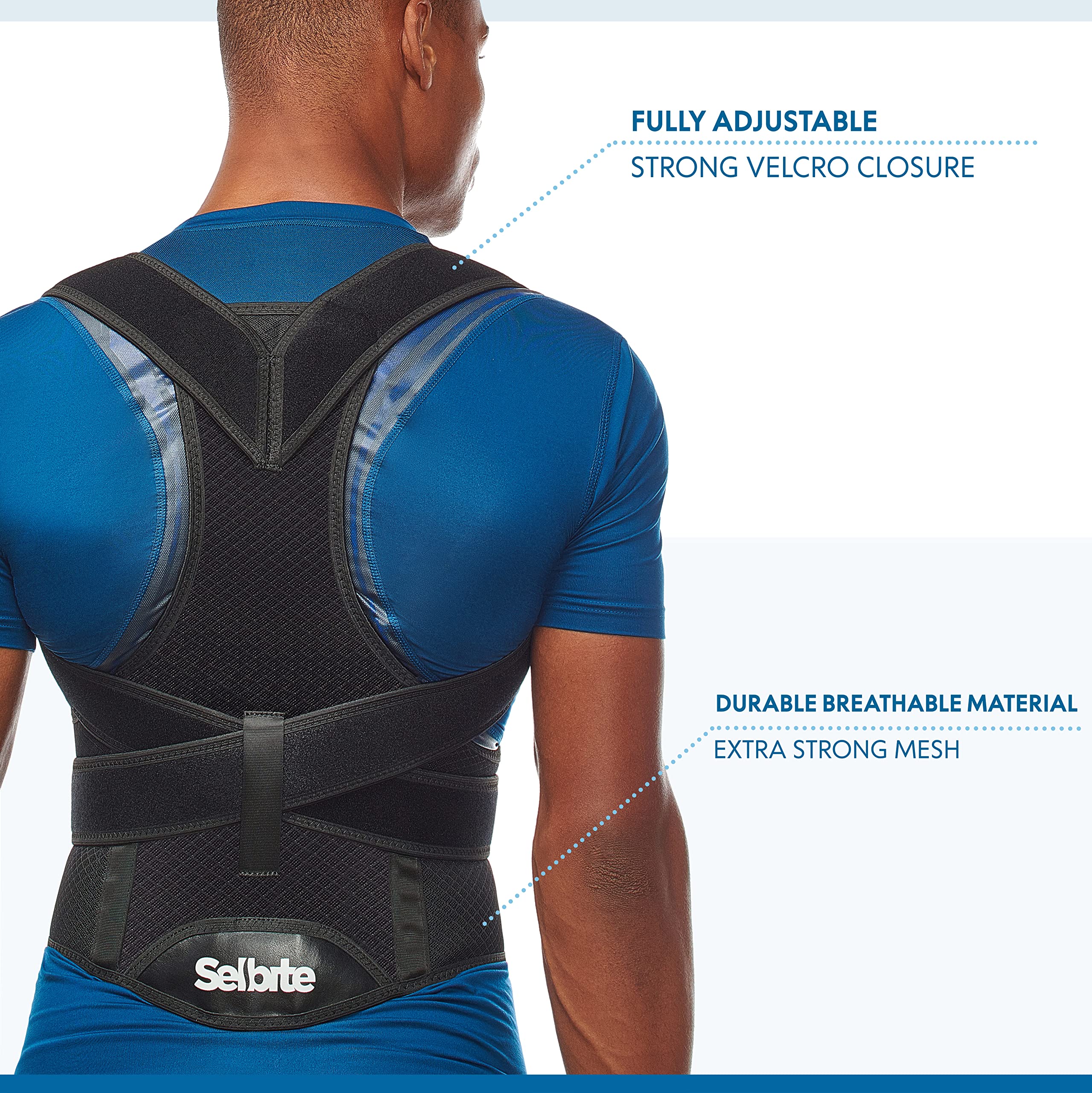 Shoulder positioning emphasized in Selbite back support brace
