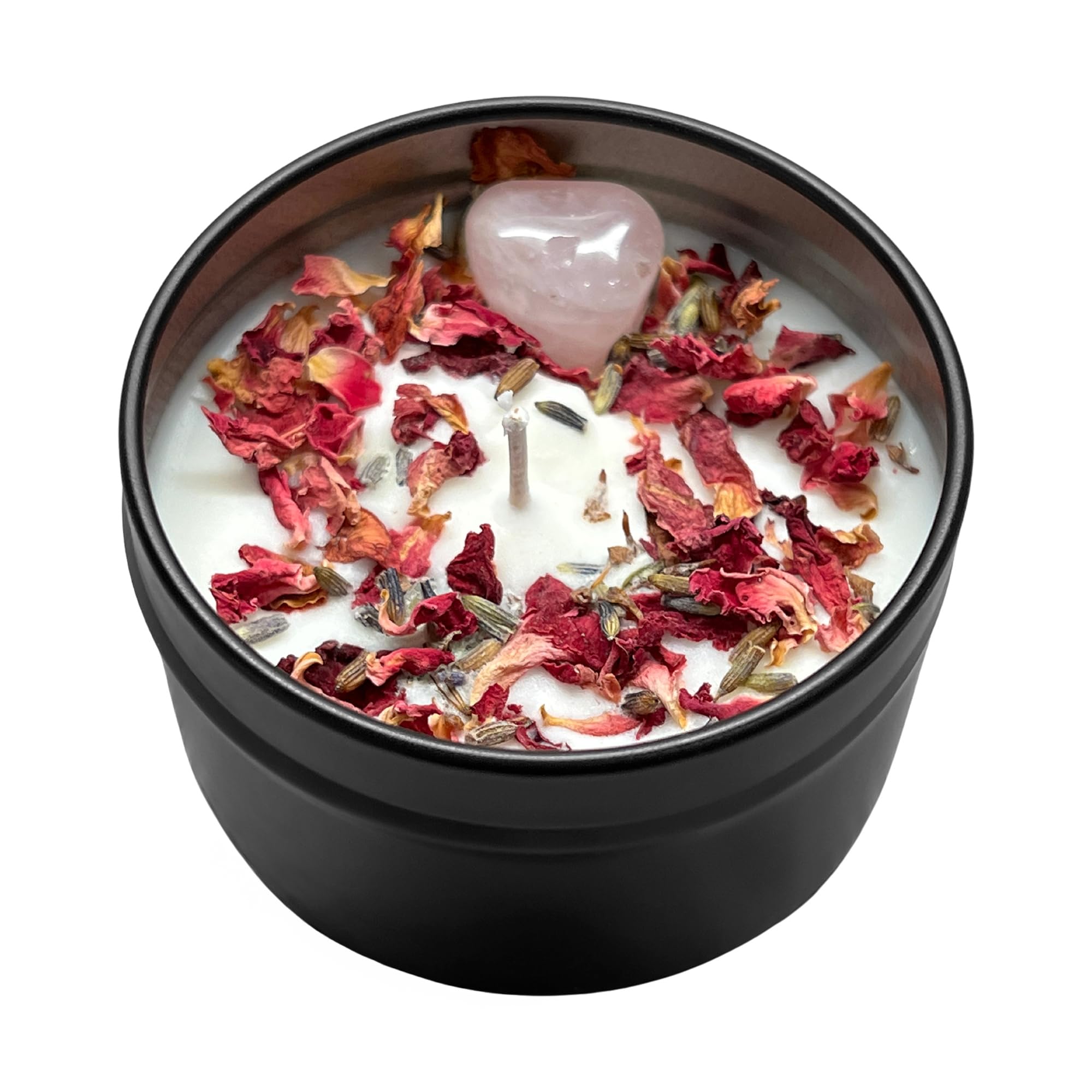Self Love Herbal Intention Crystal Candle in a 5 oz tin with rose petals