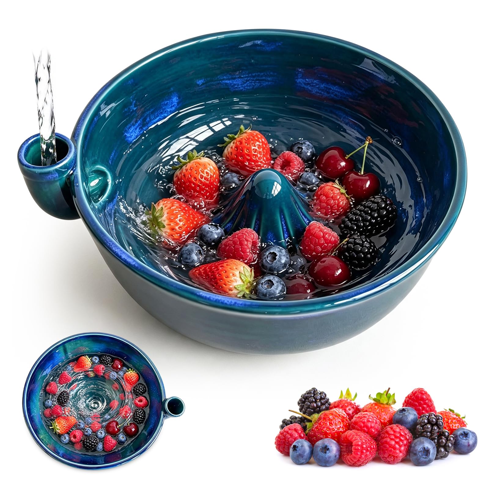 Self Rinsing Berry Washing Ceramic Bowl blue 7 inch on countertop