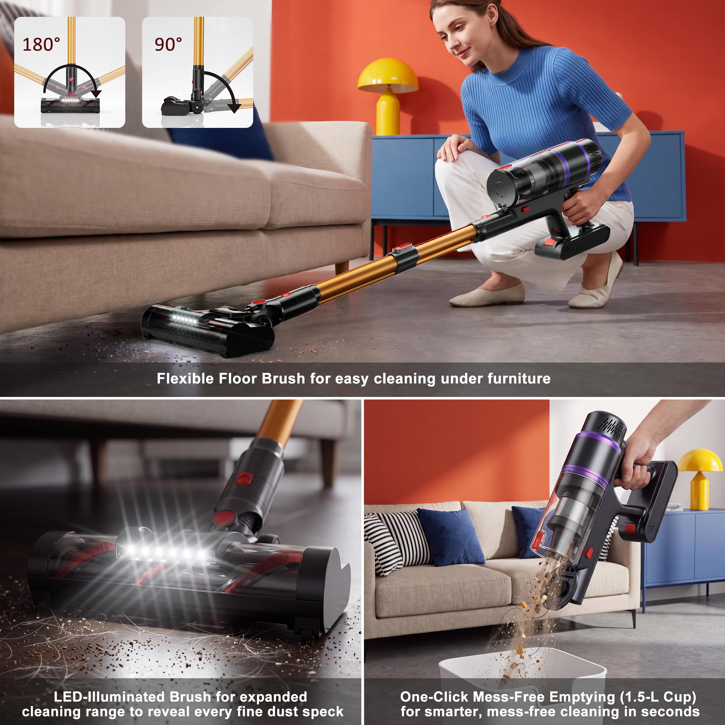 Self-standing cordless vacuum with 1.5L dust cup