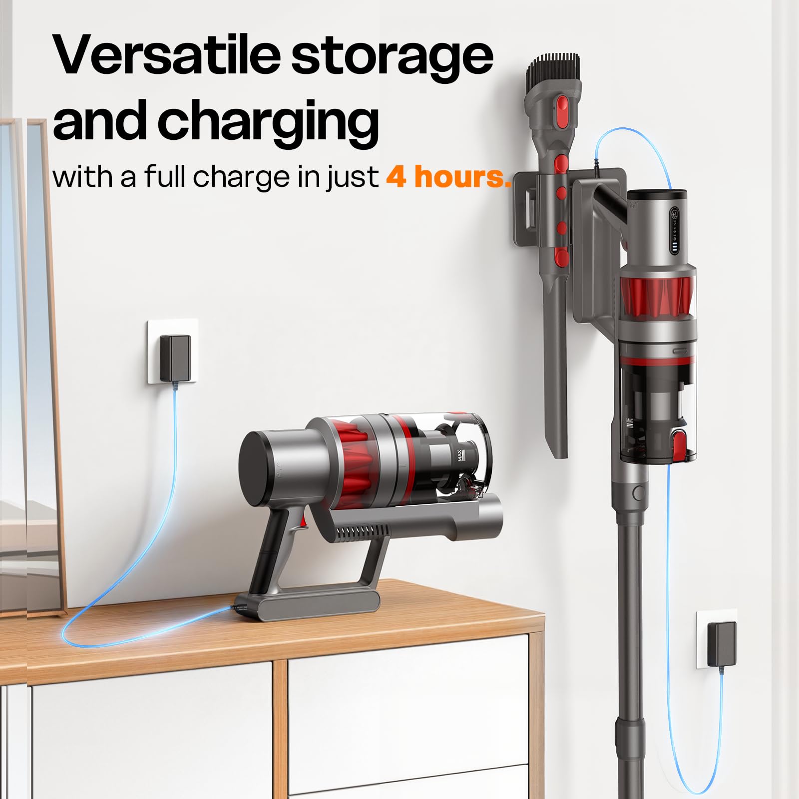 Grey ToyMade cordless vacuum stored on docking station