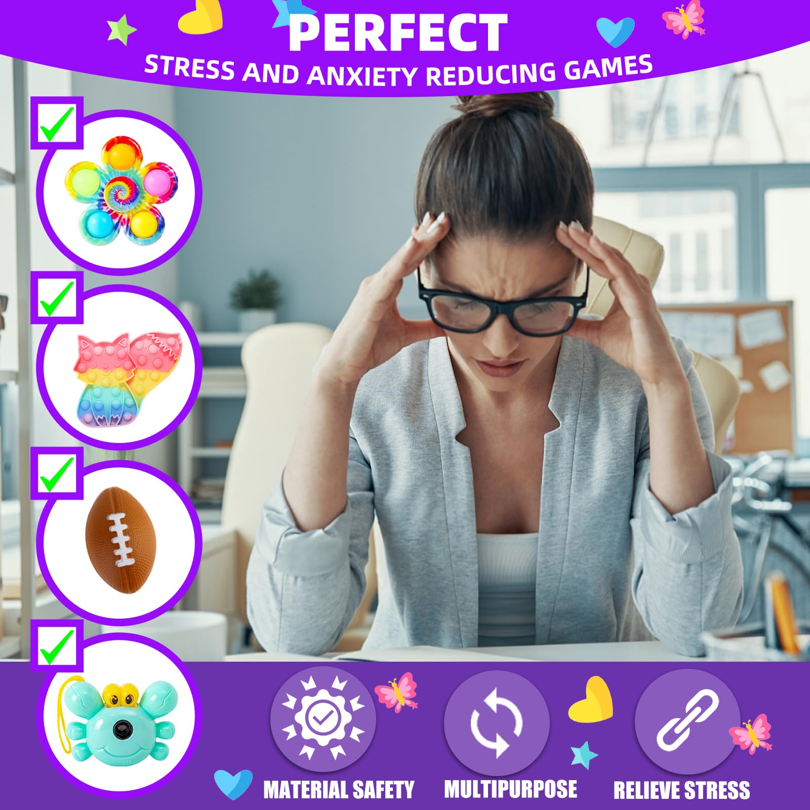Assorted kids sensory toys including stickers and small gadgets