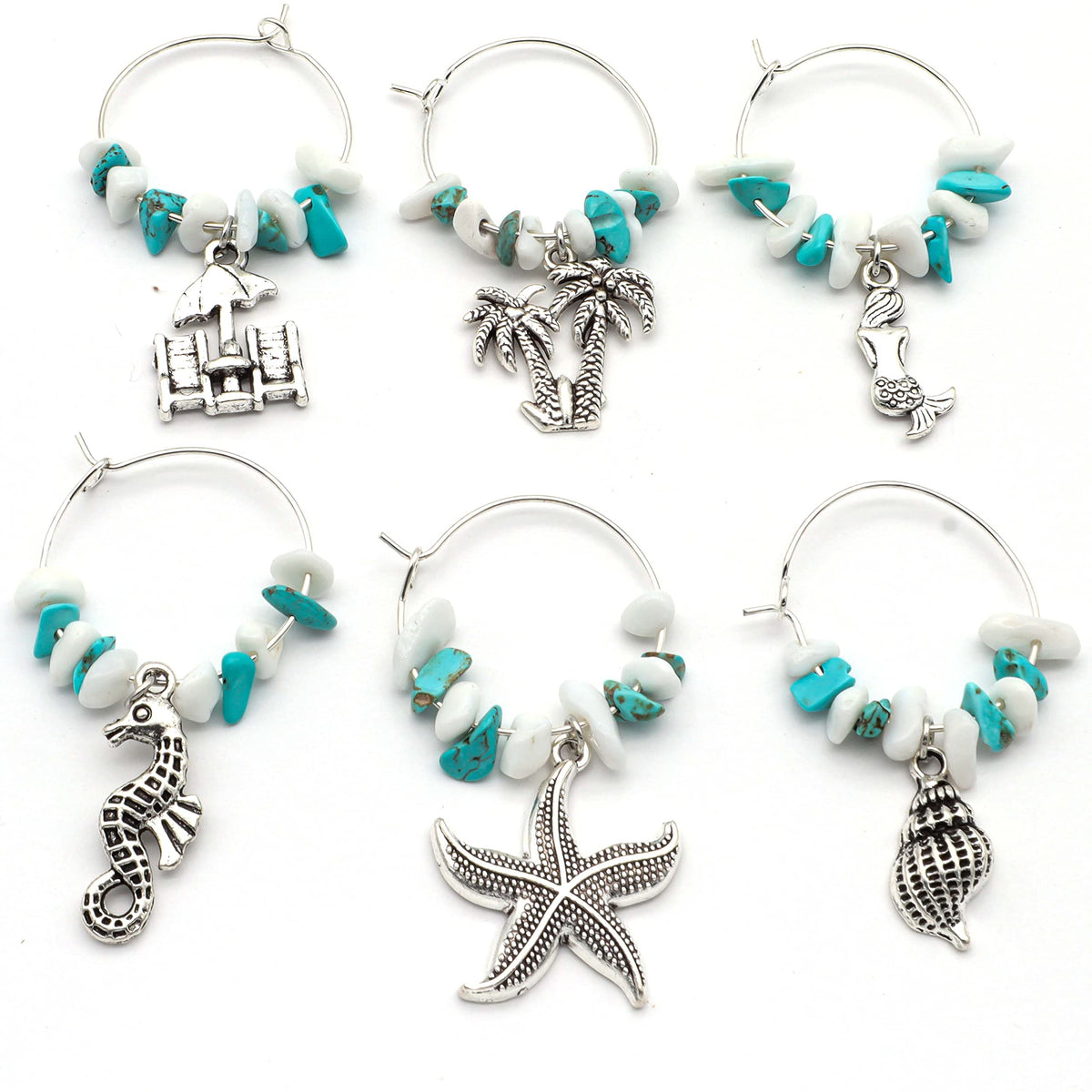 Serendipity Beach Wine Glass Charms set of 6 with seashell and mermaid designs