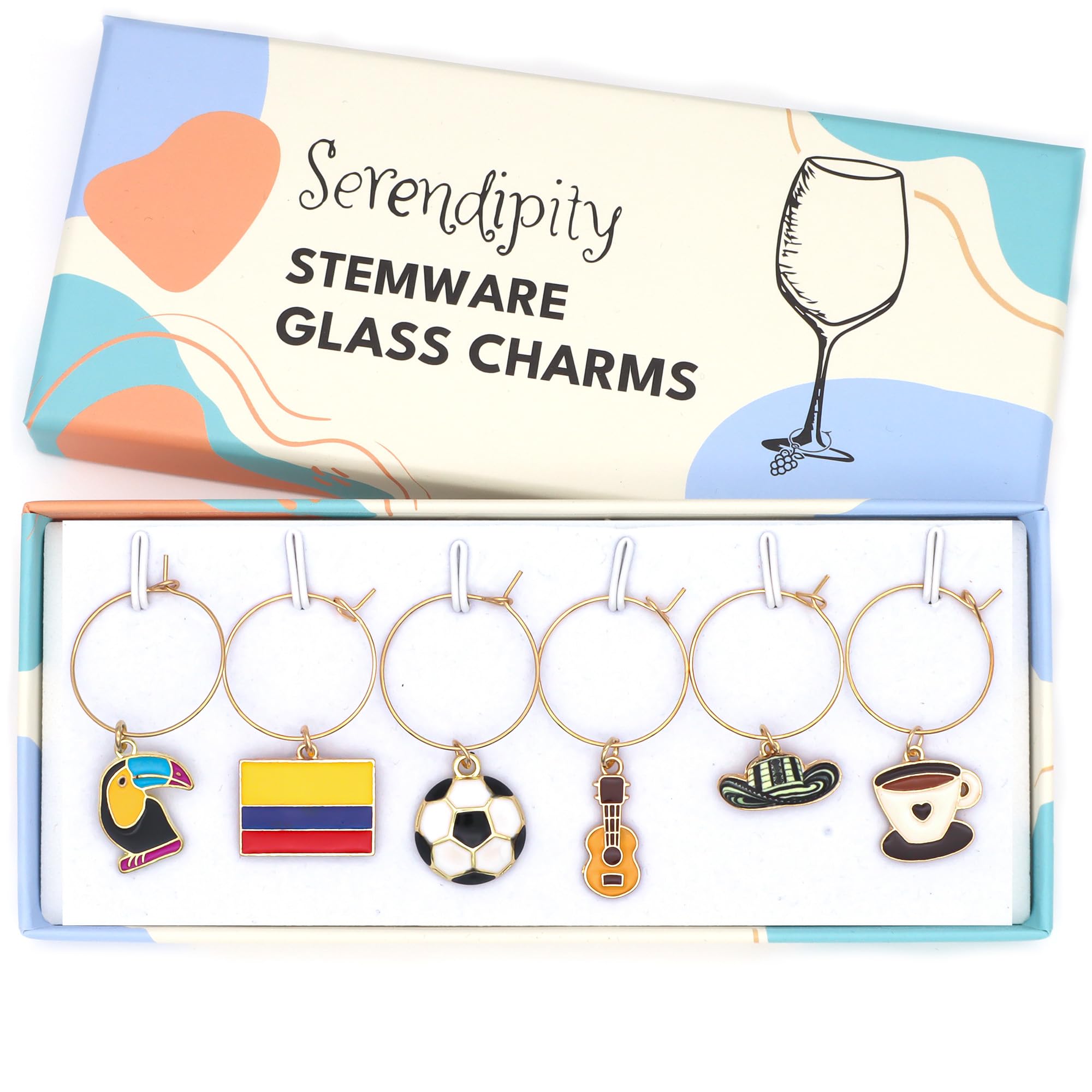 Serendipity Colombia Wine Charms set of 6 with guitar toucan flag coffee soccer ball hat