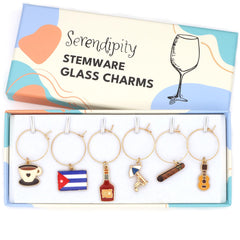 Serendipity Cuba Wine Charms set of 6 with Cuban flag sunbed rum guitar and coffee in gift box