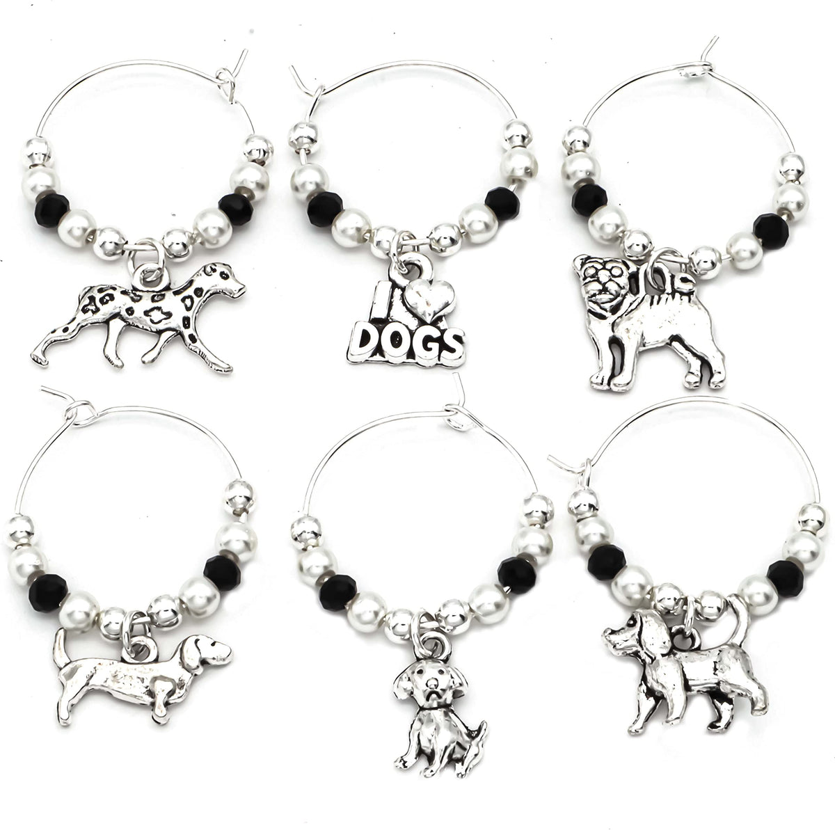 Serendipity Presents dog themed wine glass charms set of 6 in silver finish