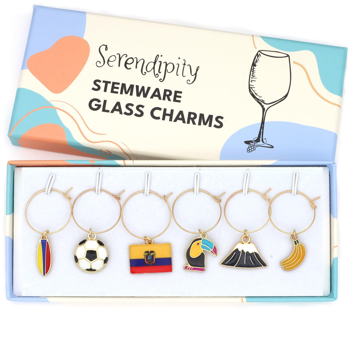 Six Serendipity Ecuador Wine Charms in gift box featuring Ecuador flag Cotopaxi volcano surfboard soccer toucan bananas