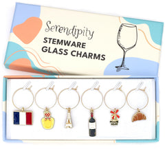 Serendipity France Wine Glass Charms set of 6 travel symbols including flag and Eiffel Tower