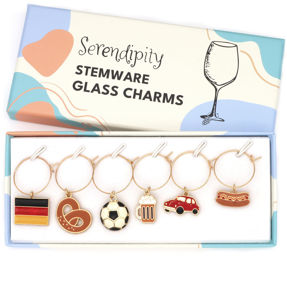 Serendipity Germany Wine Glass Charms set of 6 with Germany themed enamel charms