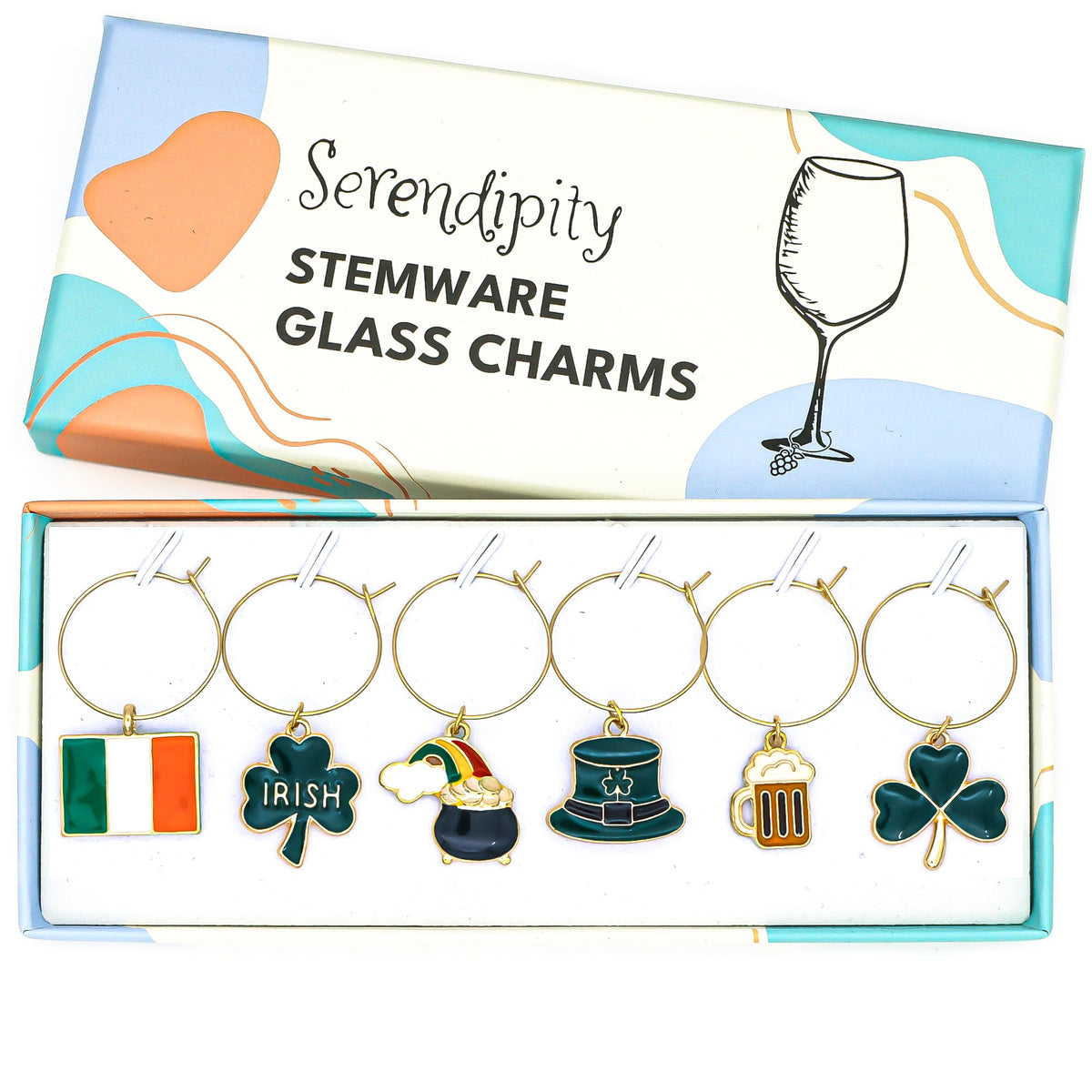 Serendipity Irish Wine Glass Charms set of 6 with Ireland Flag charm