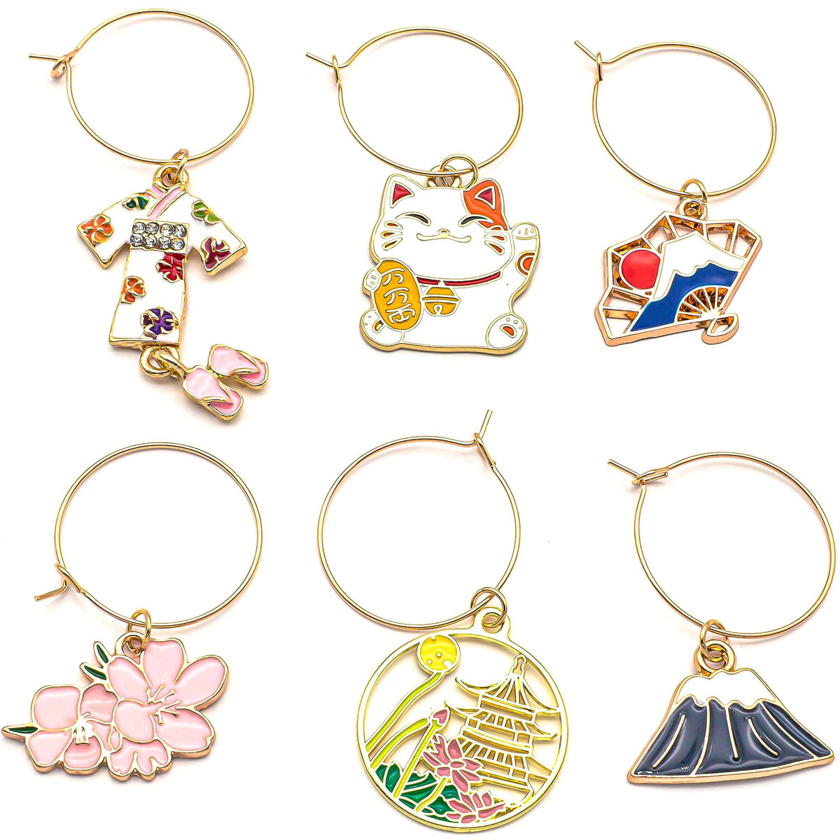 Six gold enamel wine charms by Serendipity Japan on zinc alloy