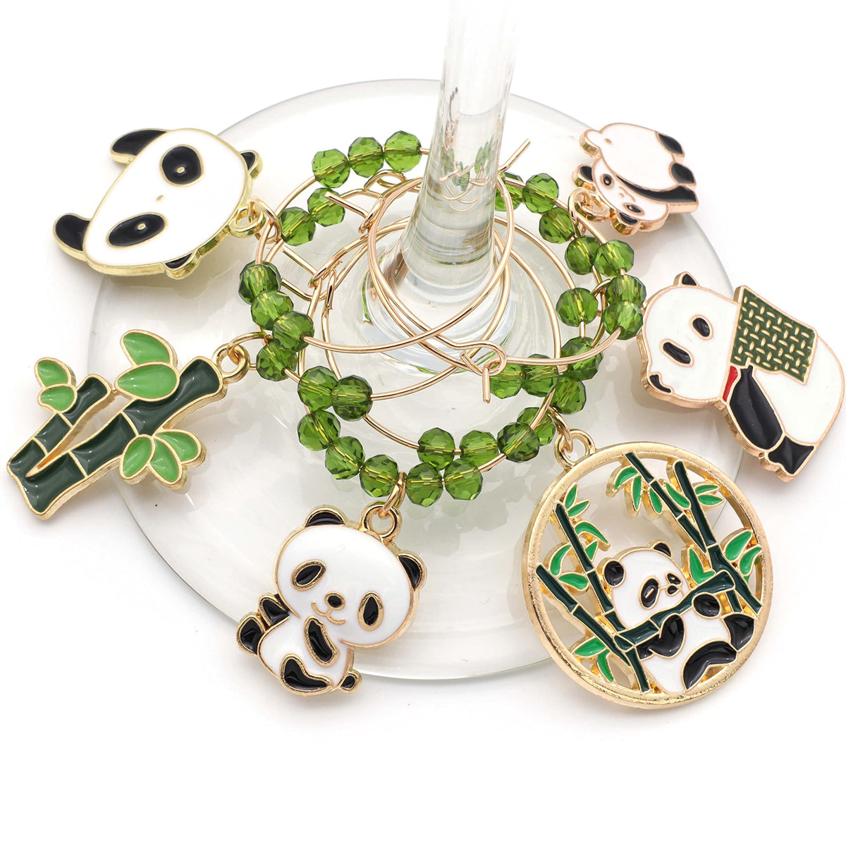 Six enamel and gold panda wine glass charms