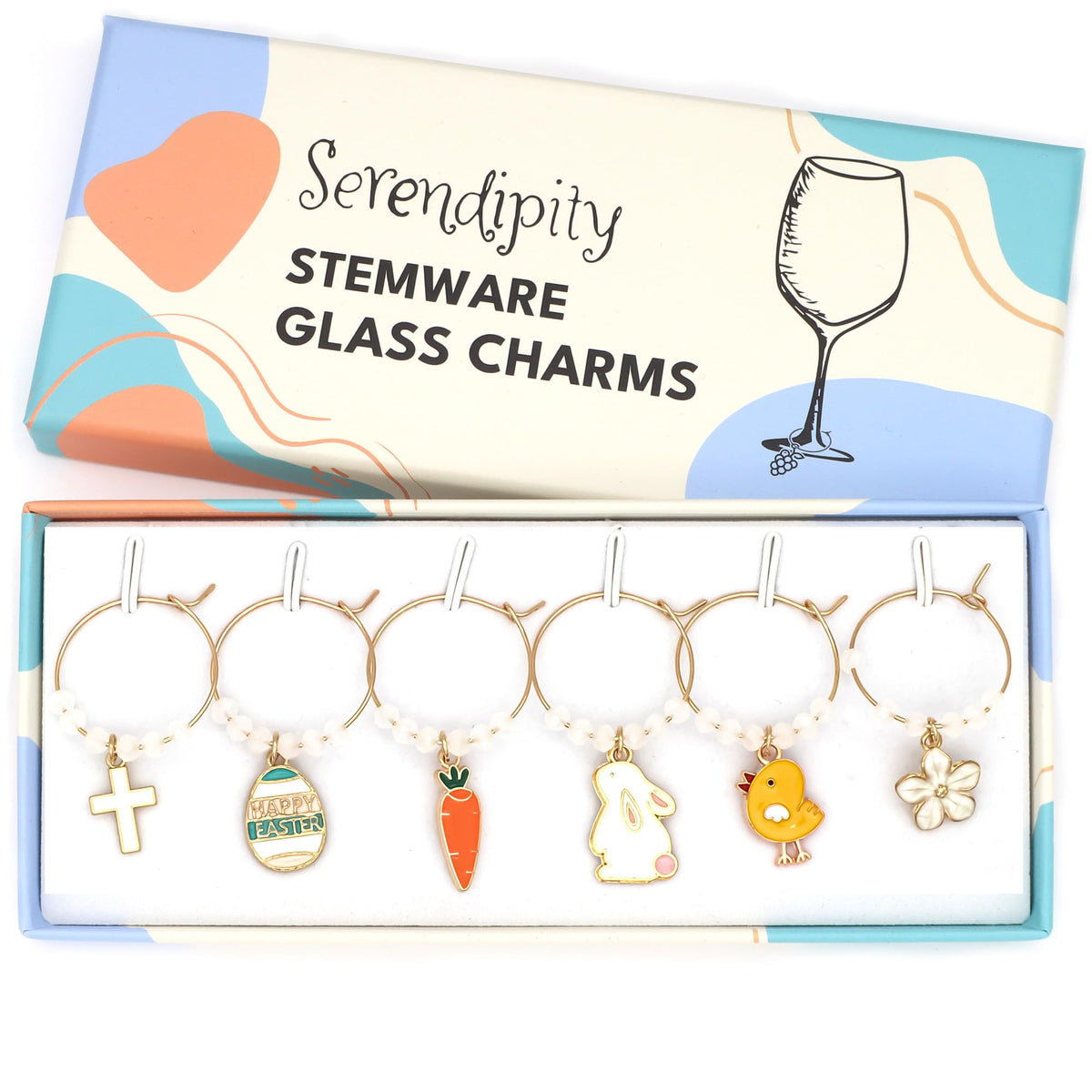 Serendipity Presents Easter wine glass charms set with six alloy-zinc gold charms for stemware