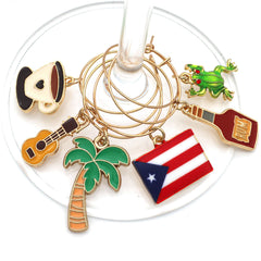 Wine glass charms inspired by Puerto Rico symbols guitar palm tree coffee rum