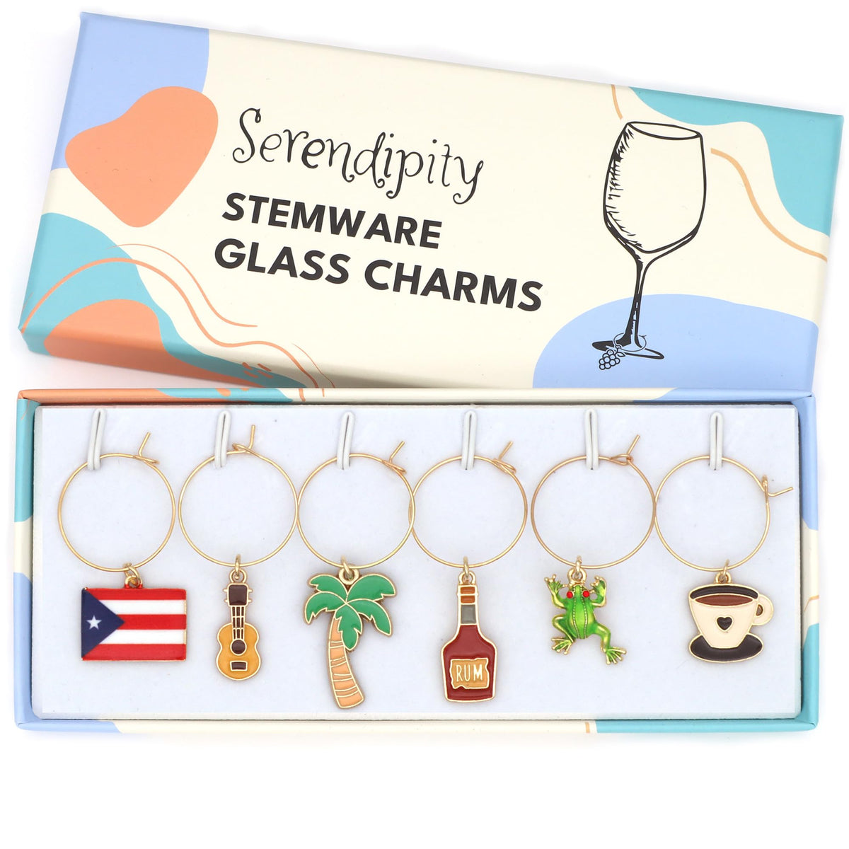 Serendipity Puerto Rico wine charms set of 6 including Puerto Rico flag and Coquí frog