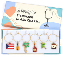 Serendipity Puerto Rico wine charms set of 6 including Puerto Rico flag and Coquí frog