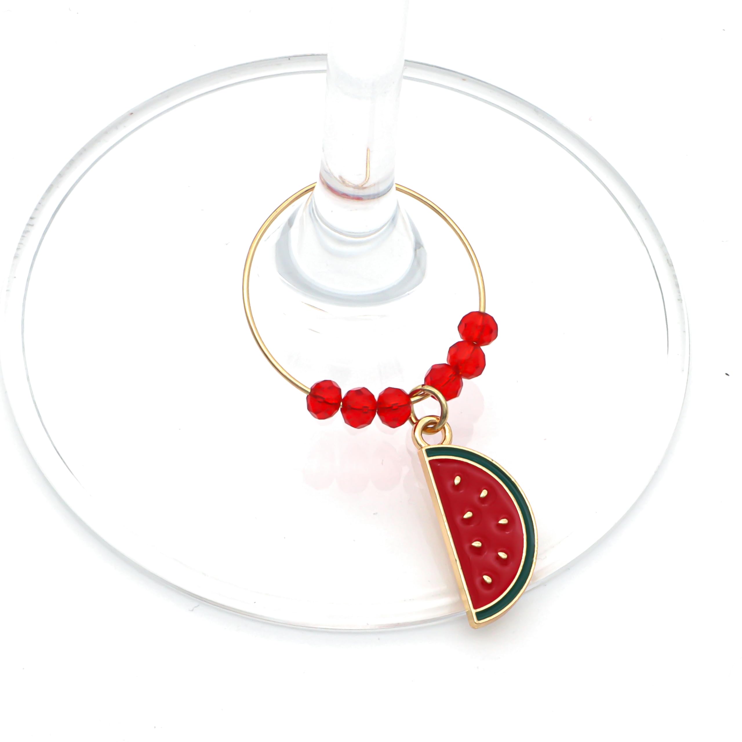 Charms attached with gold steel hoops for easy clip-on stemware identification