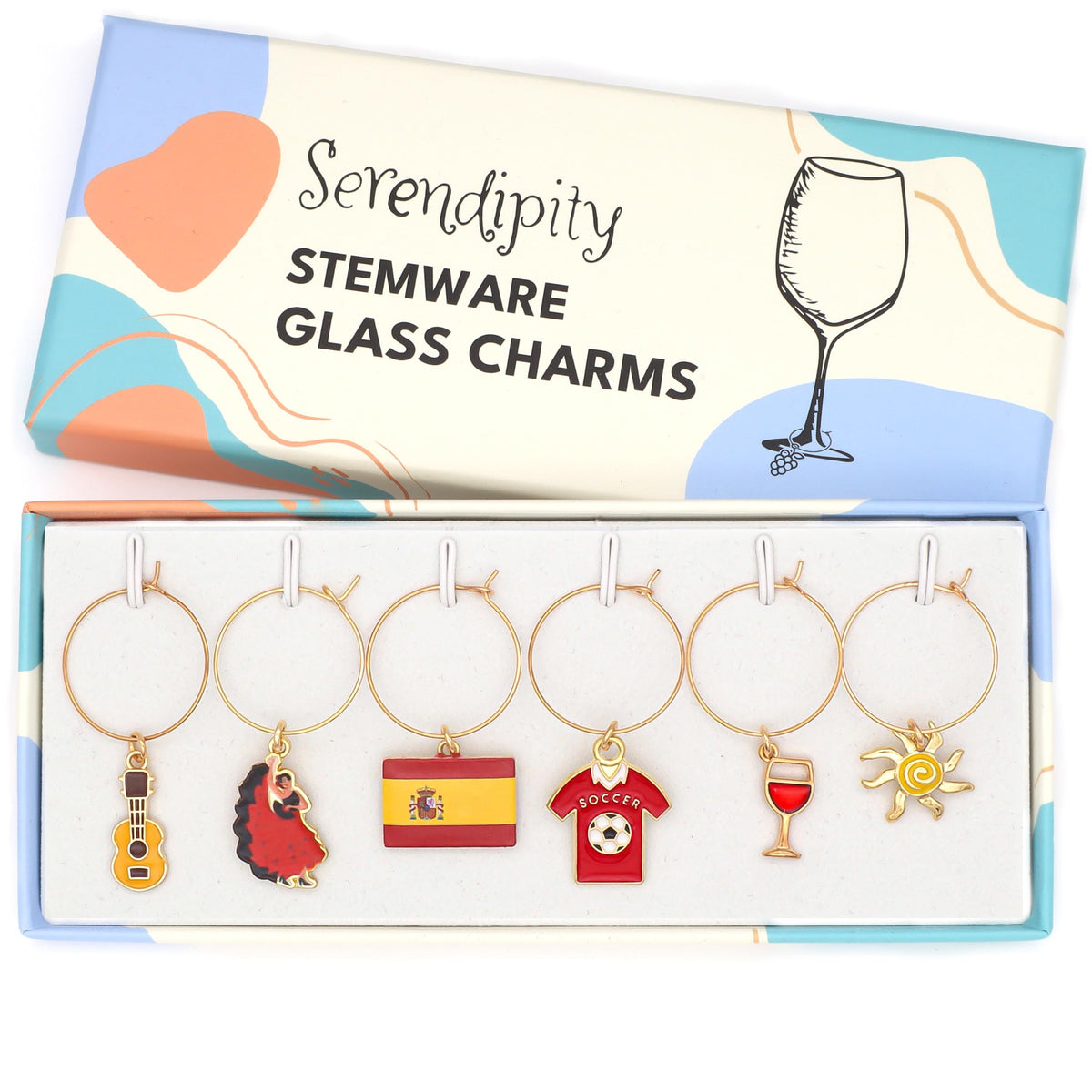 Serendipity Spain Wine Charms set of 6 icons Flamenco Dancer Soccer Ball Spanish Flag Wine Glass Sun Guitar