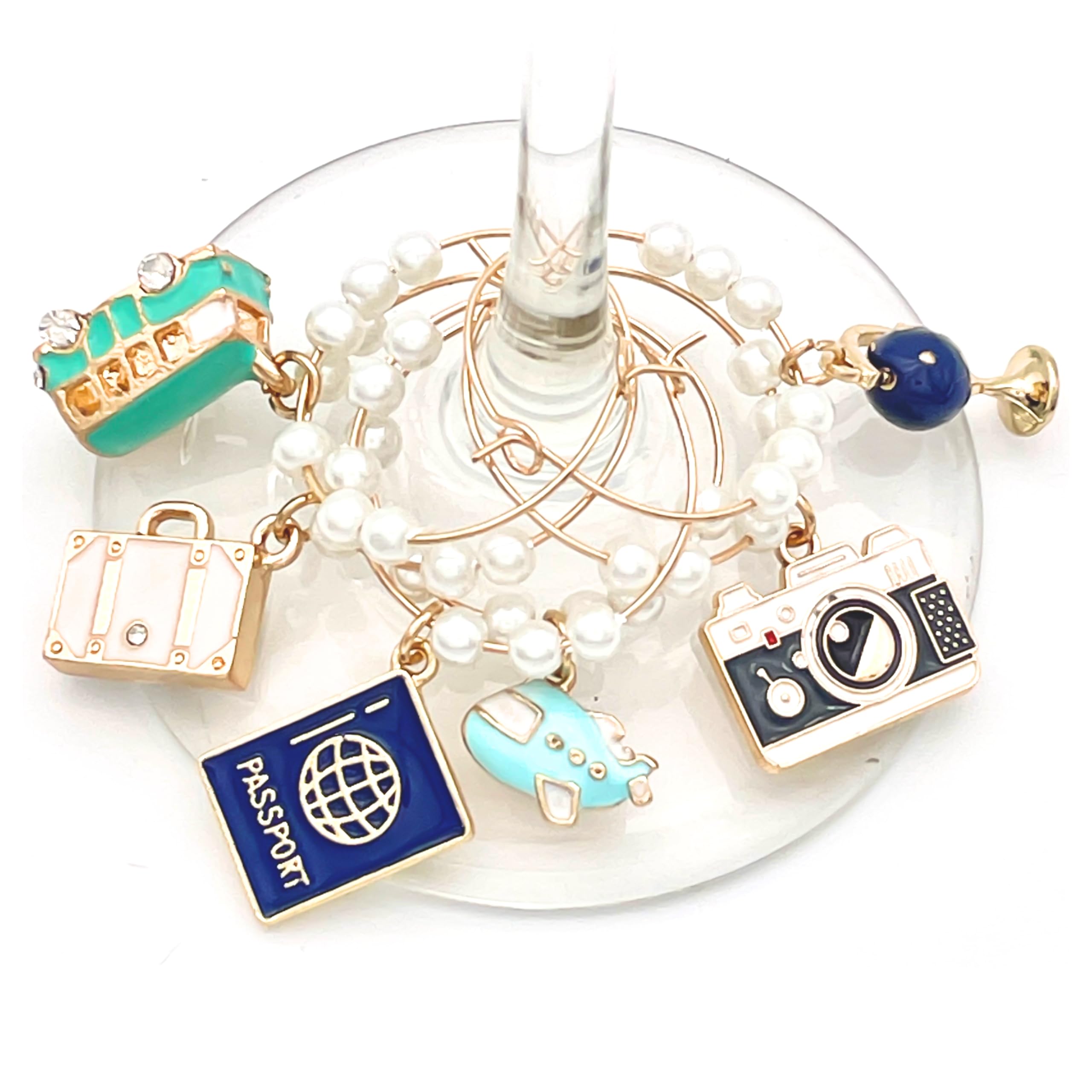 Serendipity Travel themed wine glass charms set of 6 with gold hoops
