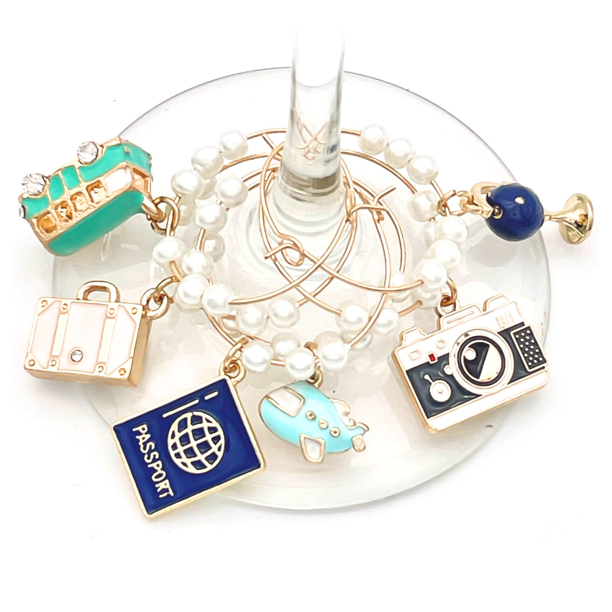 Serendipity Travel themed wine glass charms set of 6 with gold hoops