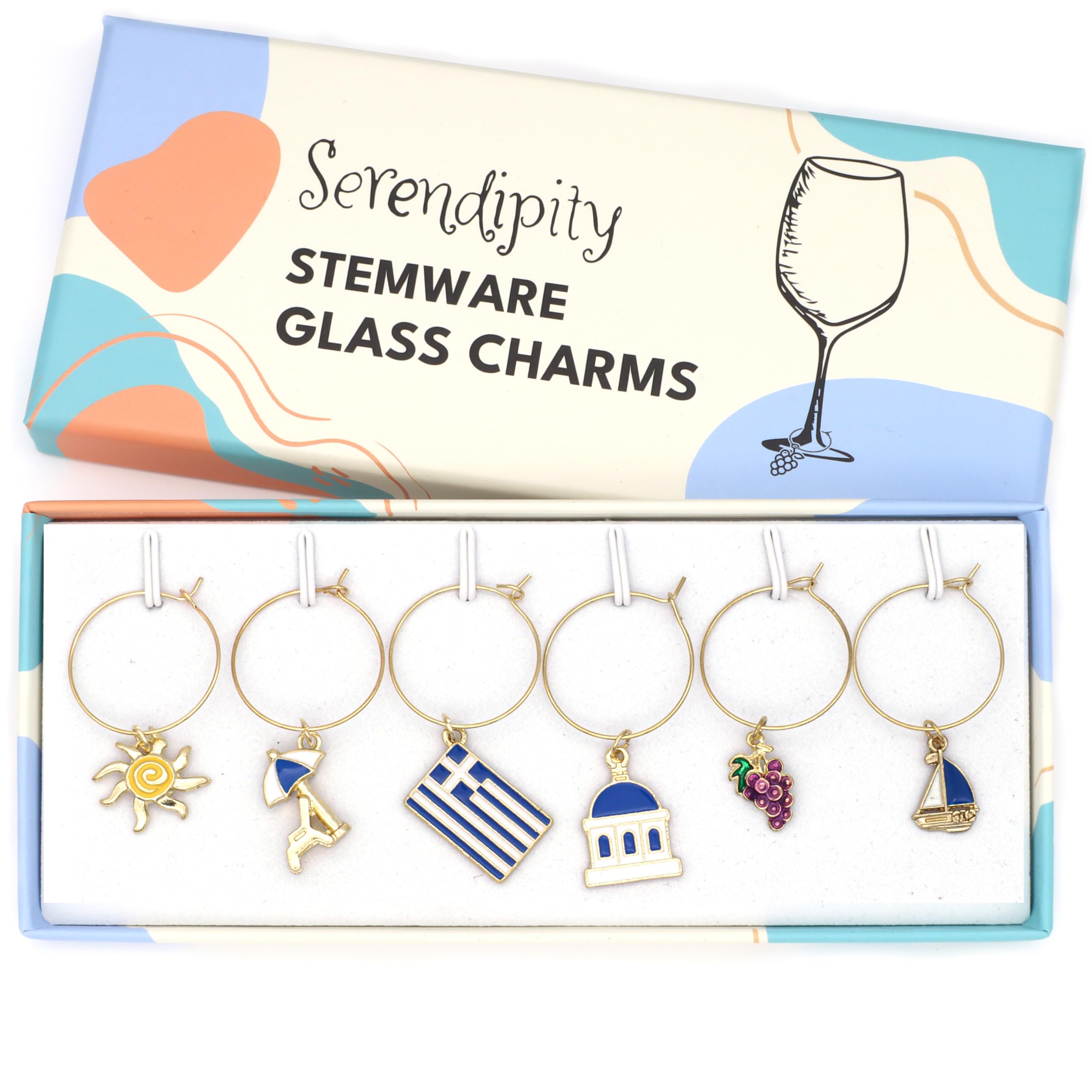 Serendipity wine glass charms set of six for Greek themed glasses