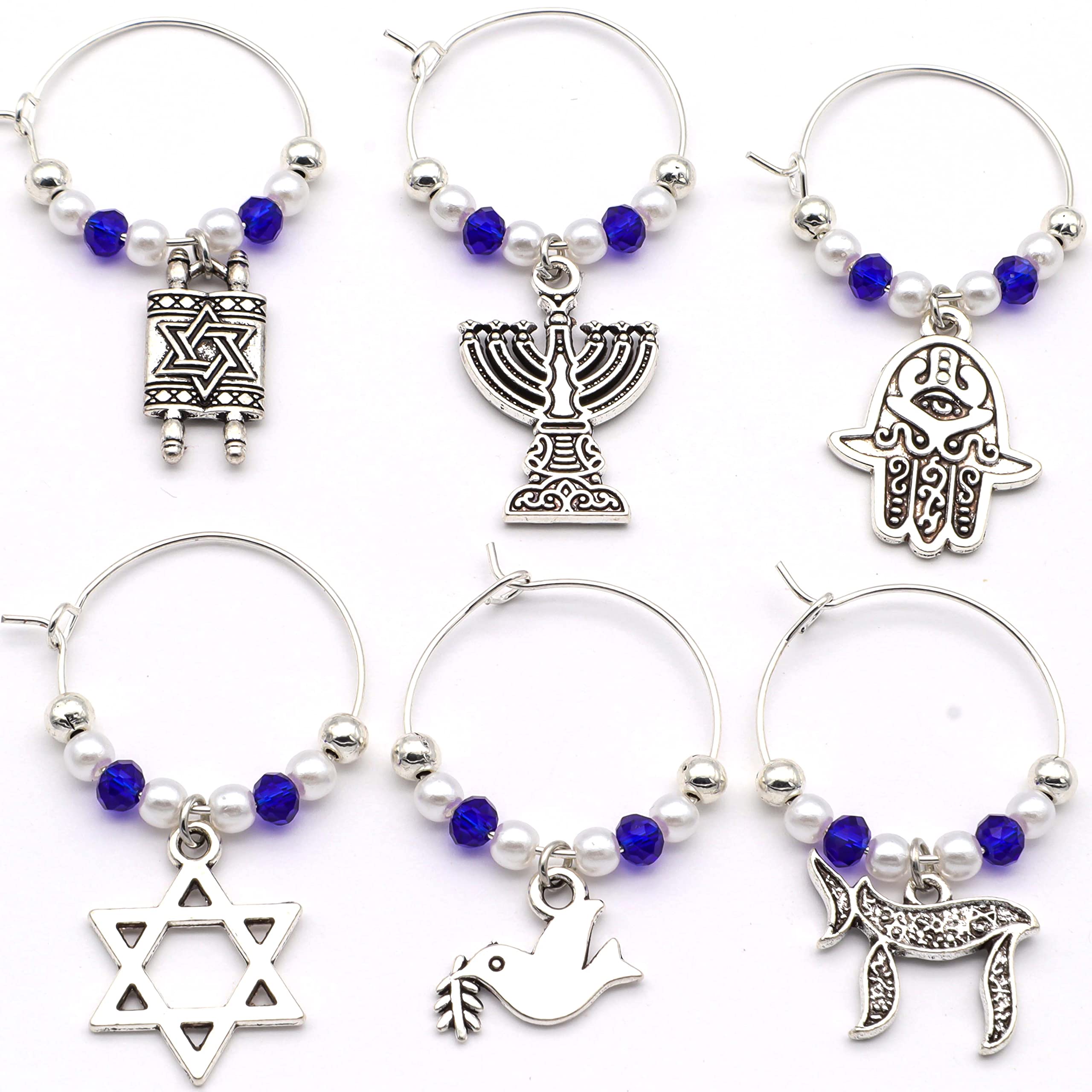 Six pack Serendipity wine glass charms with Menorah Chai Star of David for Jewish holidays in silver