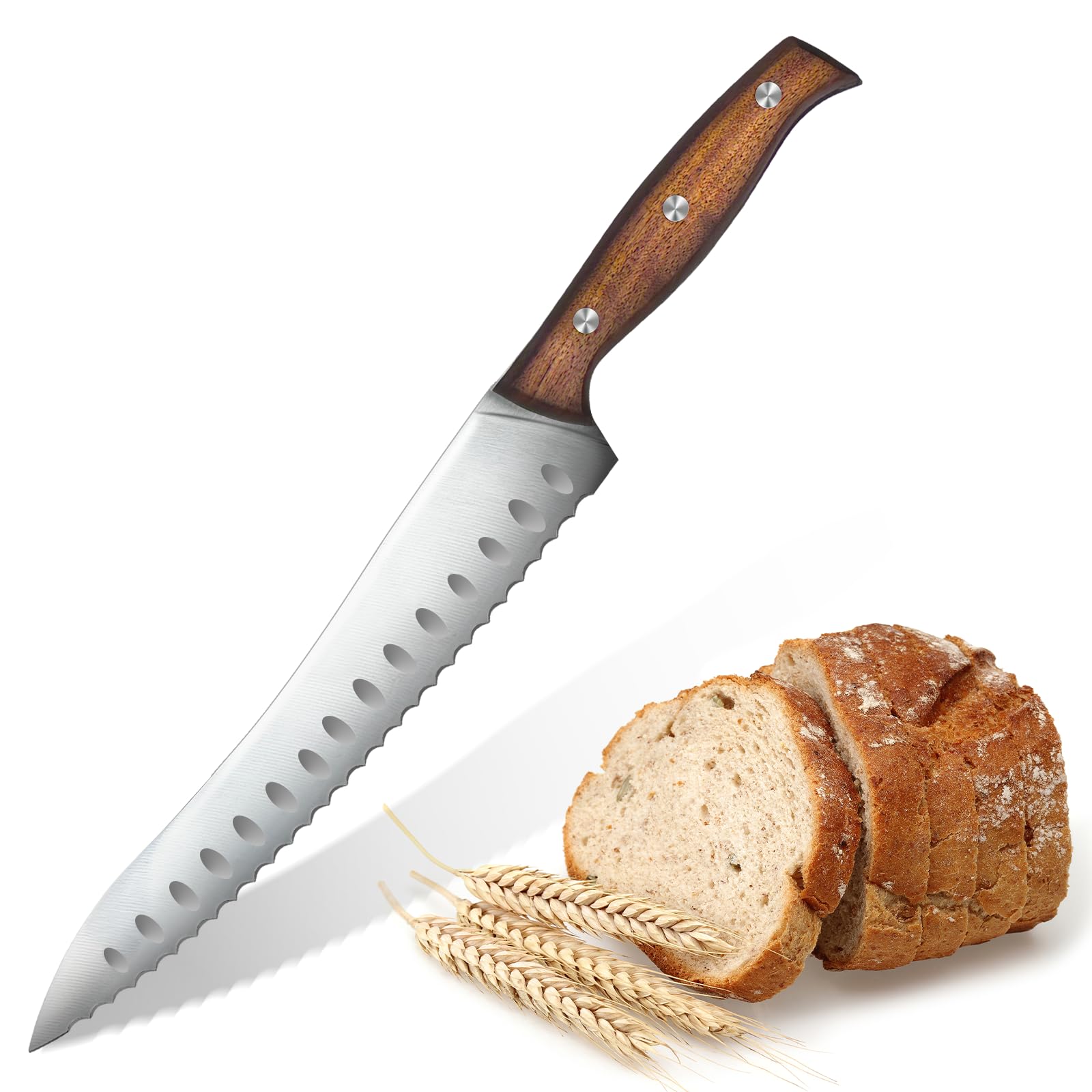 Serrated bread knife for homemade bread with 9.6 inch blade and 5.1 inch handle