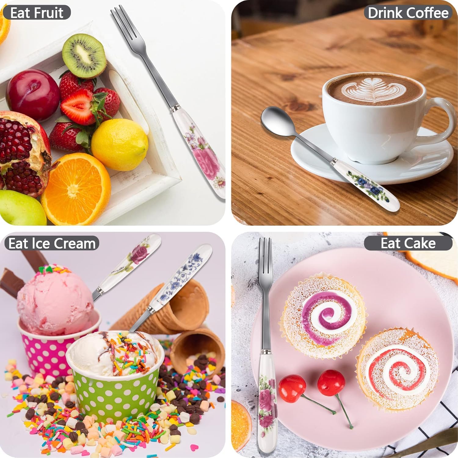 Dishwasher safe flatware with ceramic floral handles