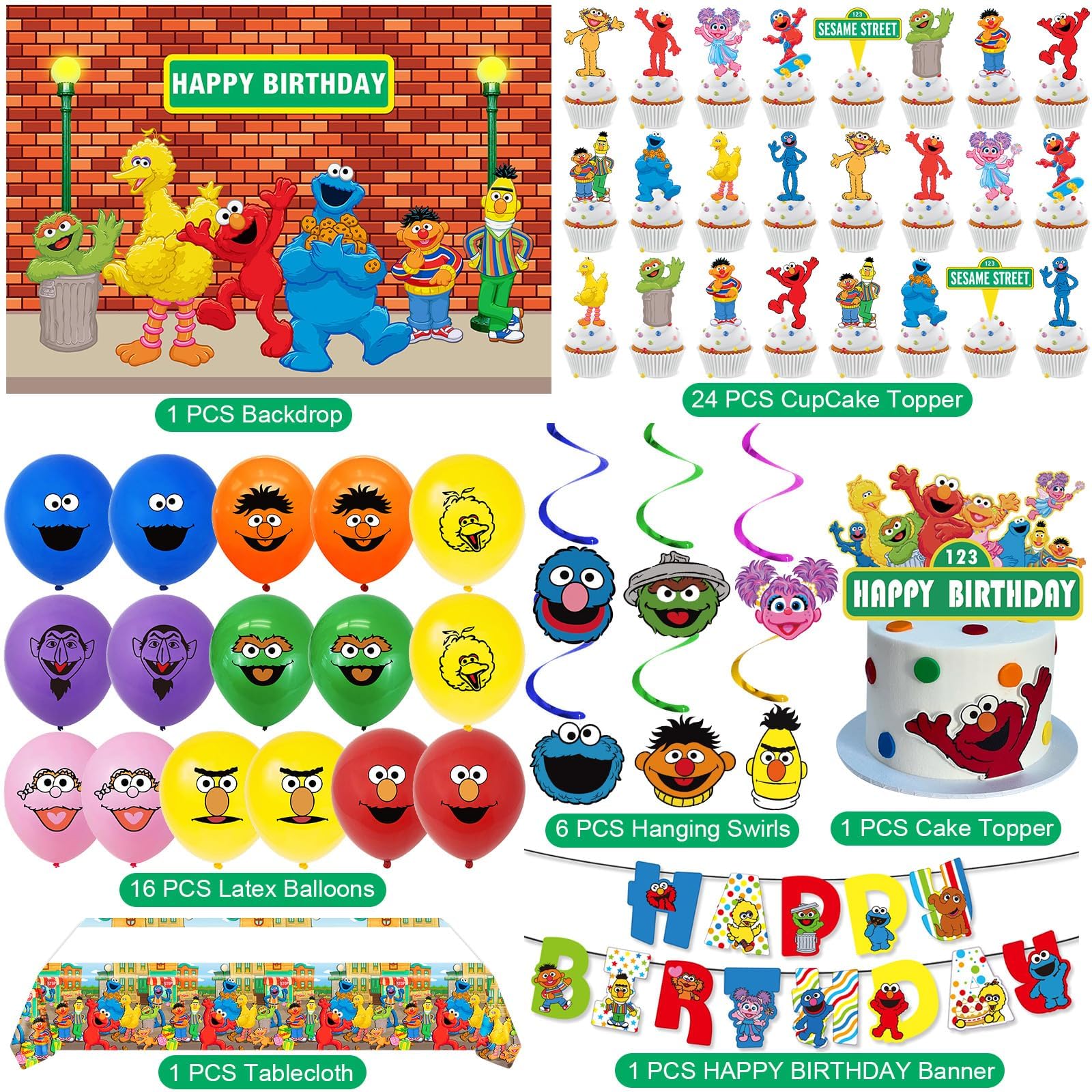 Sesame Friends Street balloons and cake toppers for kids party decorations