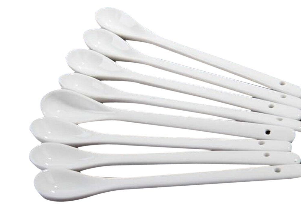 Set of 4 white long handle ceramic spoons for tea and coffee