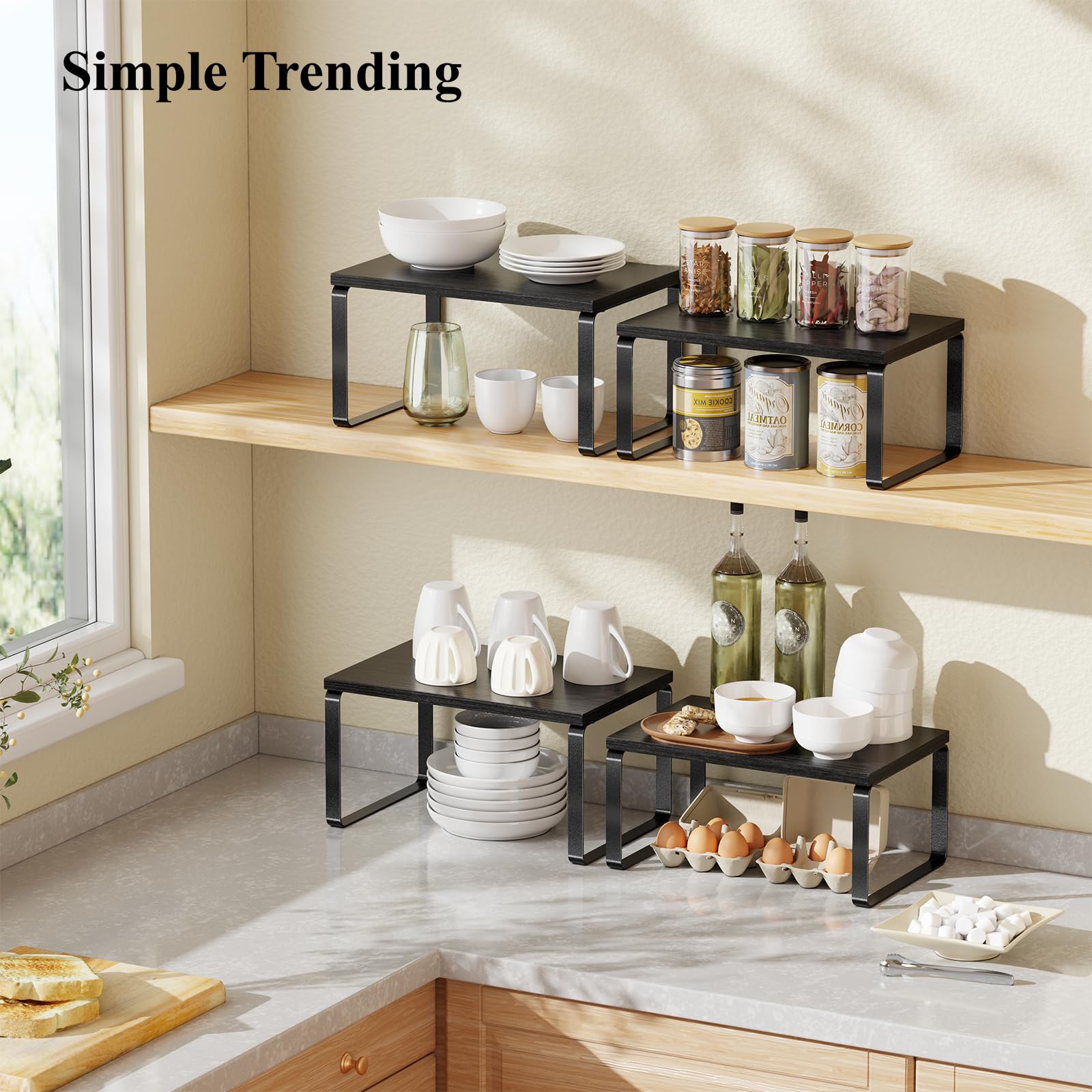Set of 2 stackable shelves in black metal and engineered wood