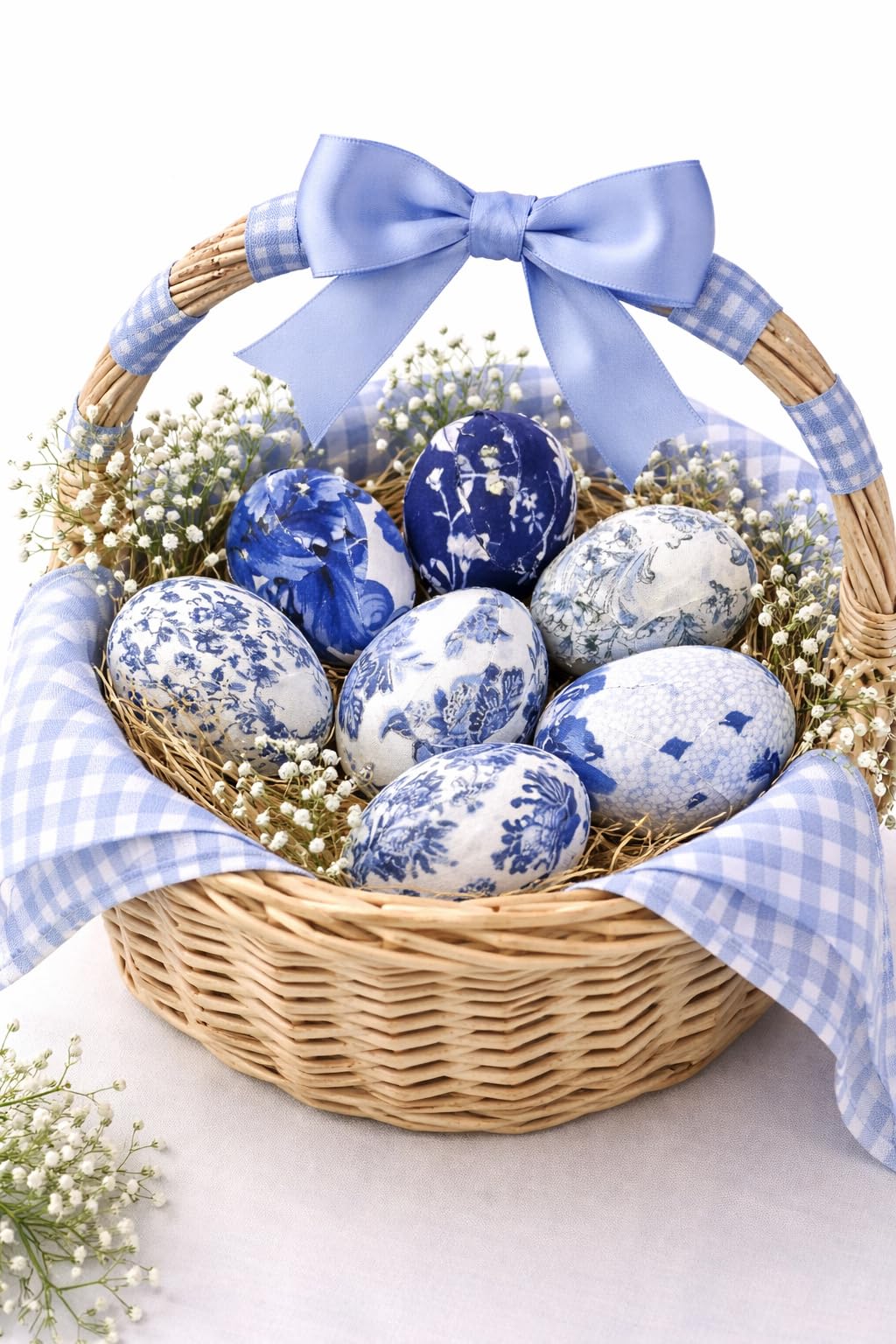 Set of 6 lightweight plastic Easter eggs in blue white fabric