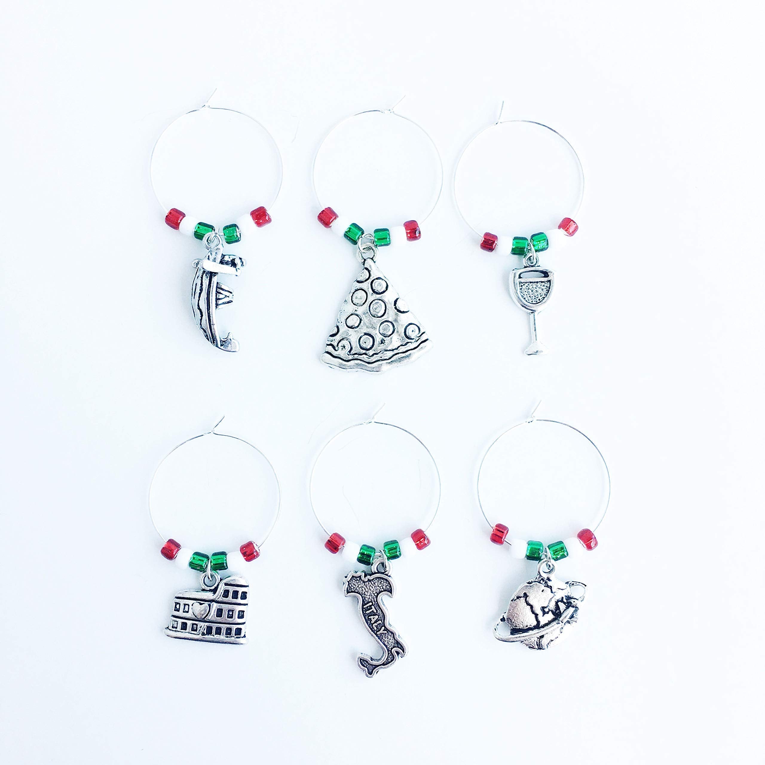 Silver Italian themed wine glass markers with travel icons