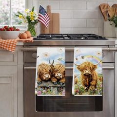 Highland Cow Flowers design dish towels pack of 6