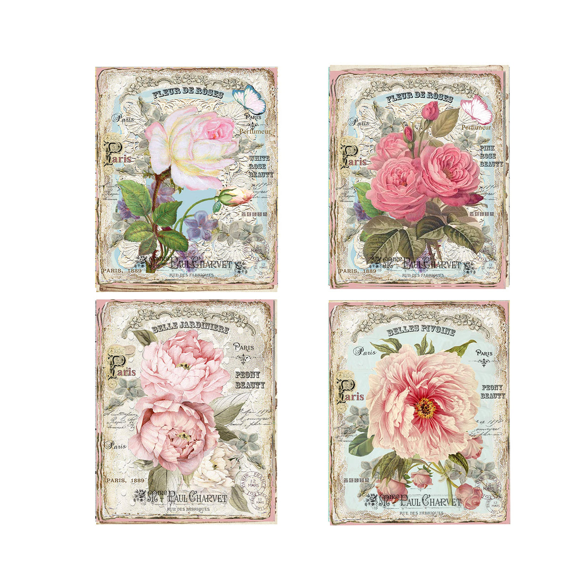 Set of 4 8x10 French Floral wall art canvas prints on wrapped canvases