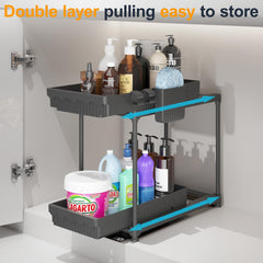 Double sliding under sink organizer with two pull out shelves