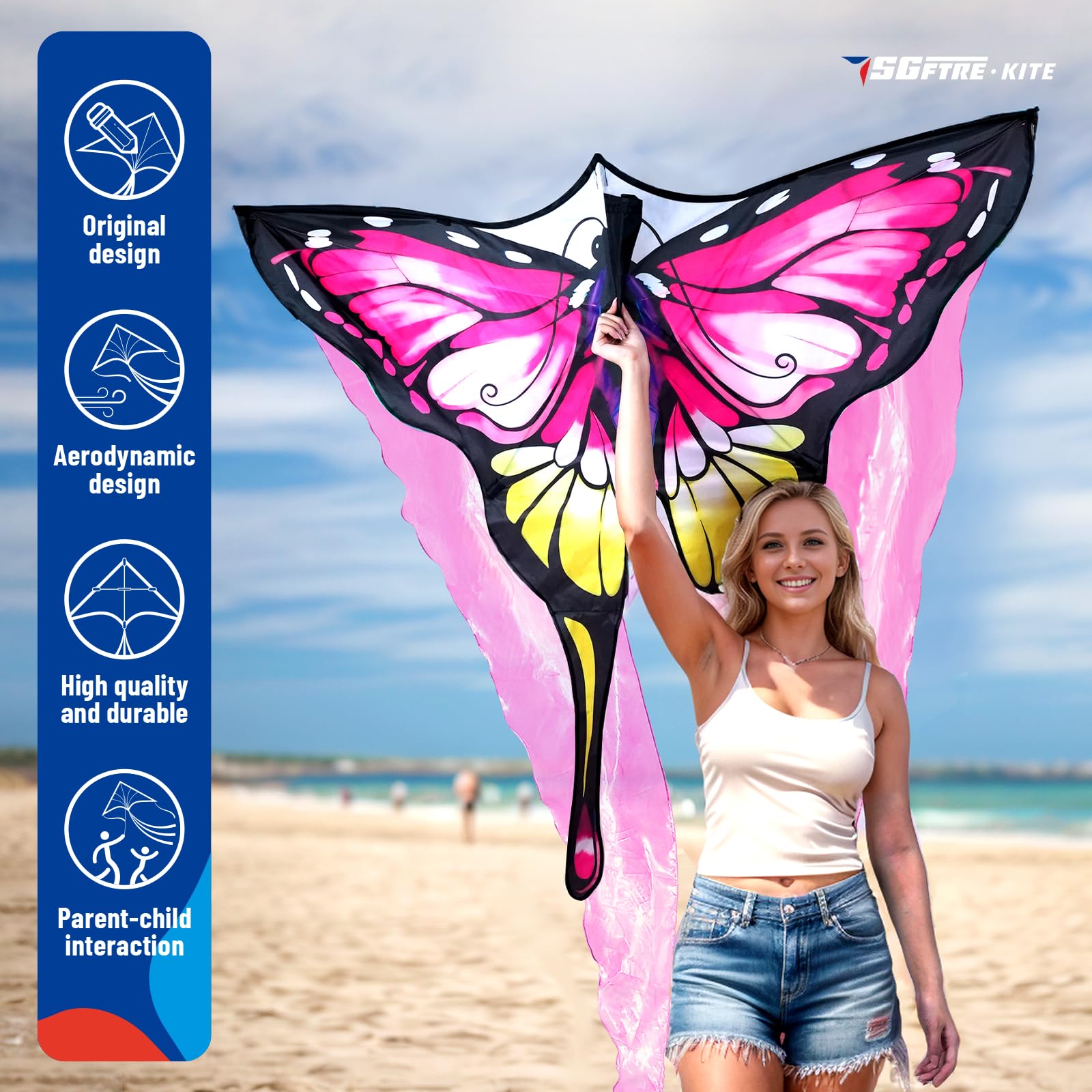 55x114 inch pink butterfly kite ready for outdoor use