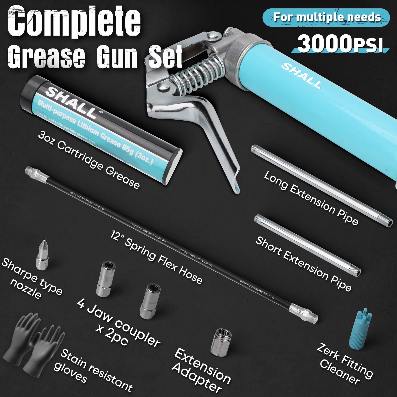 Grease gun kit extensions long and short with hose