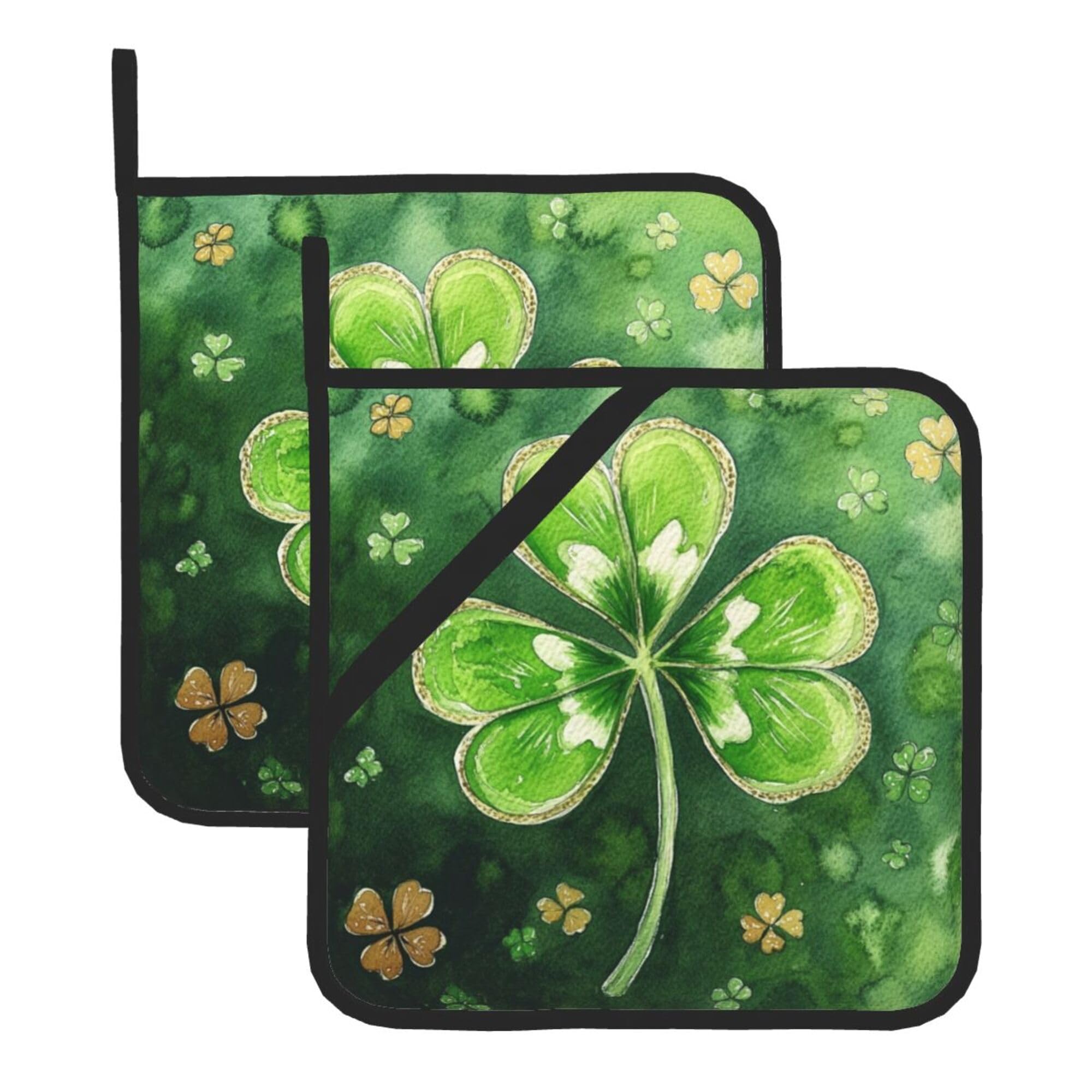 Shamrock Clovers pot holder set 2 green leaves on counter