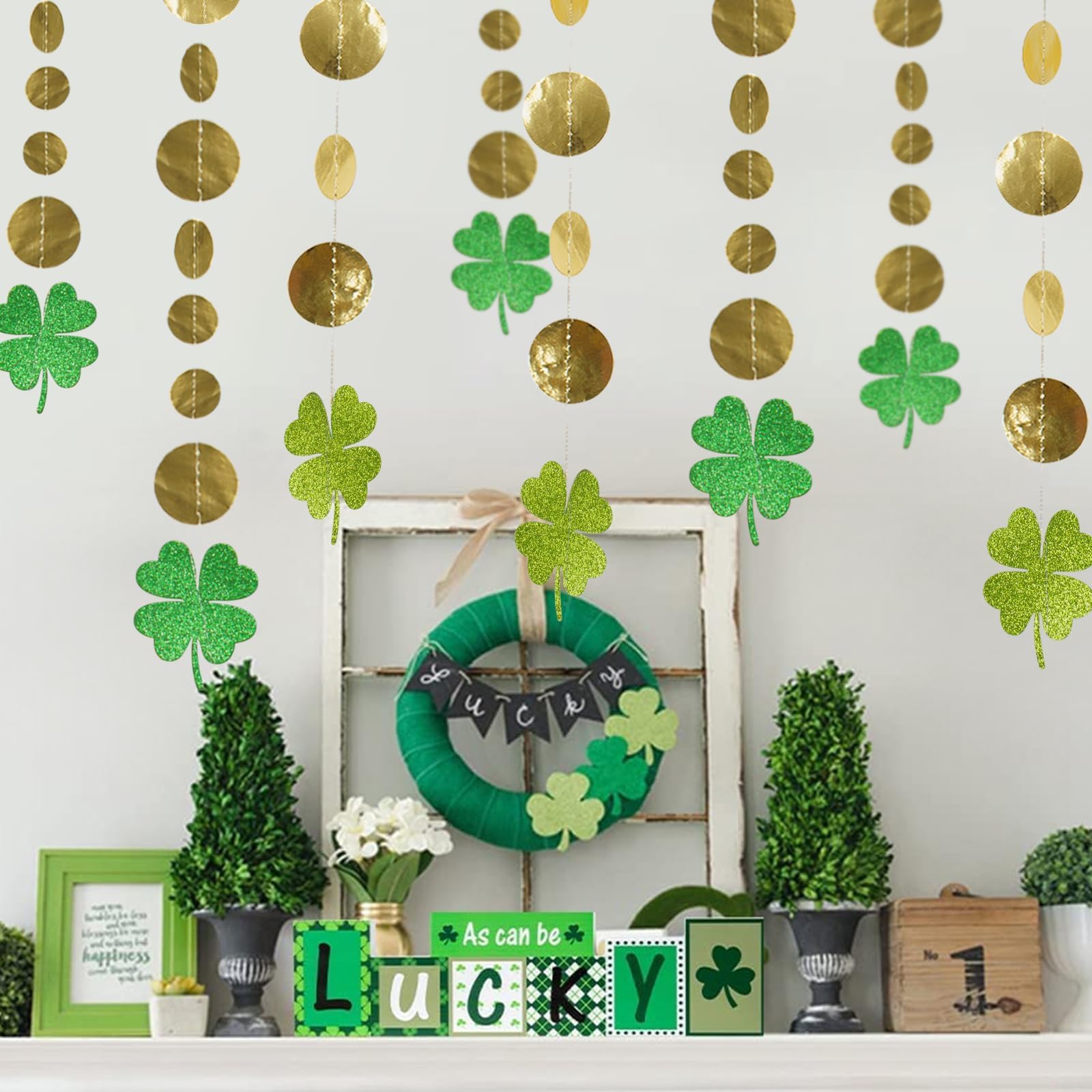 Shamrock garlands with reflective gold circles lighting up