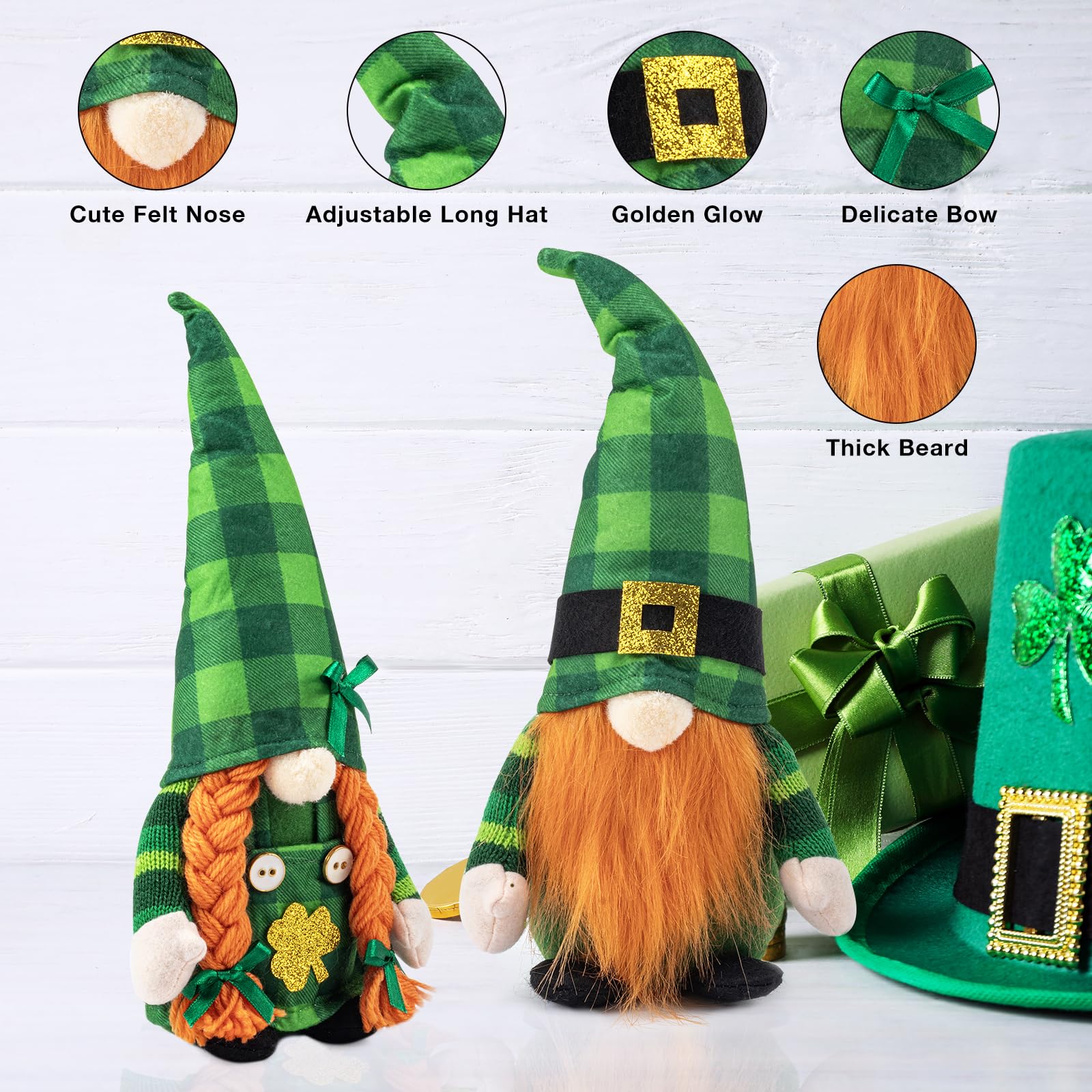 Shamrock pattern and green plaid accents on holiday gnomes
