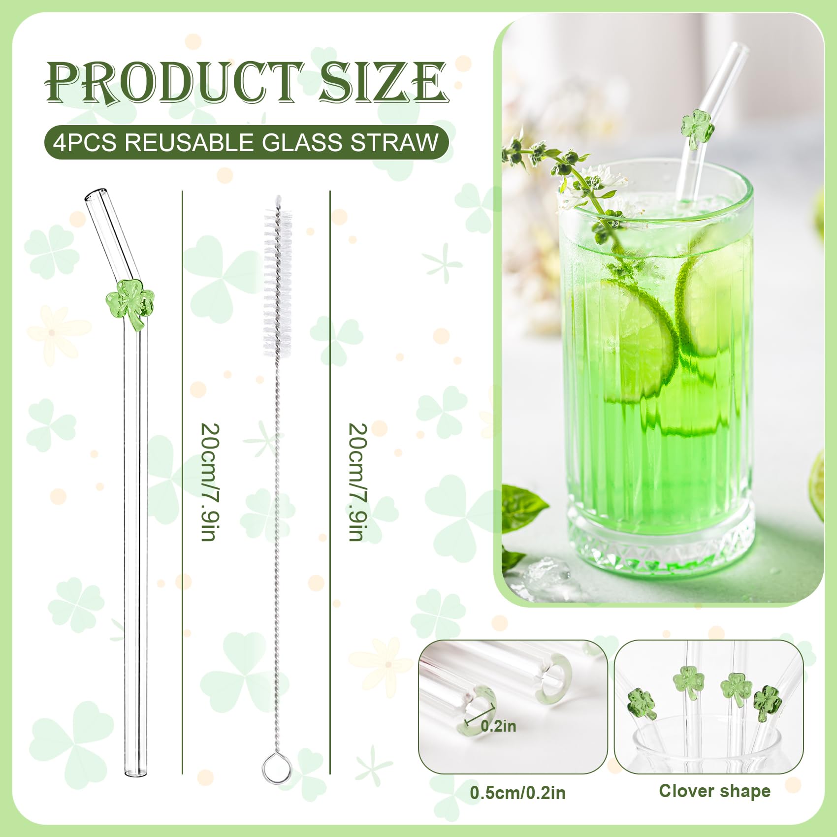 Green shamrocks reusable glass straw for beverages