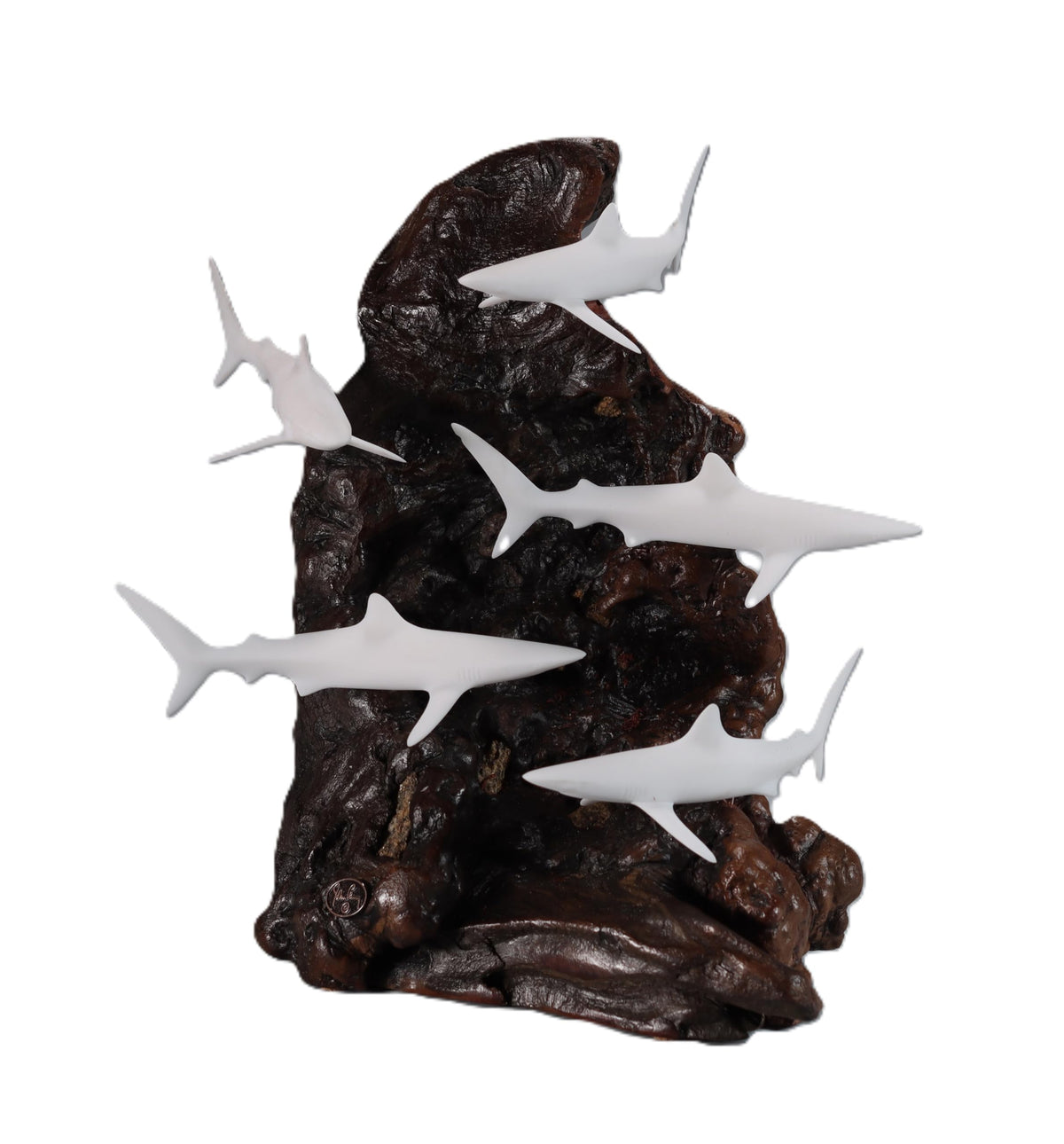 Shark School Sculpture by John Perry on polished burlwood base